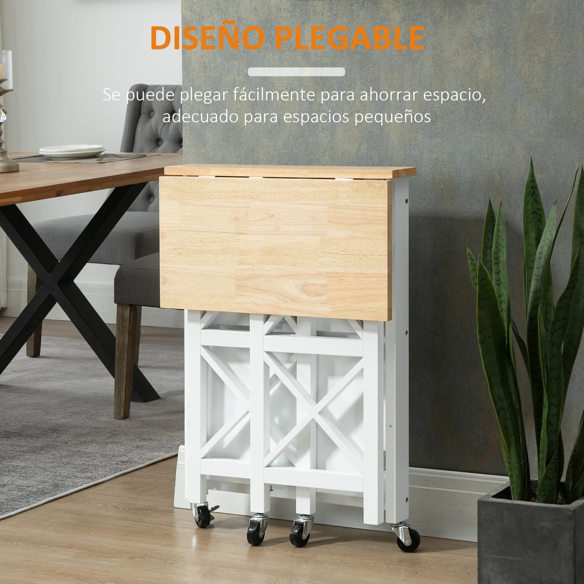 HOMCOM Carrito de Cocina Plegable con Ruedas 40 kg 60x40x84 cm Blanco | Carro Auxiliar, Carro Verdulero, 2 Estantes, para Comedor