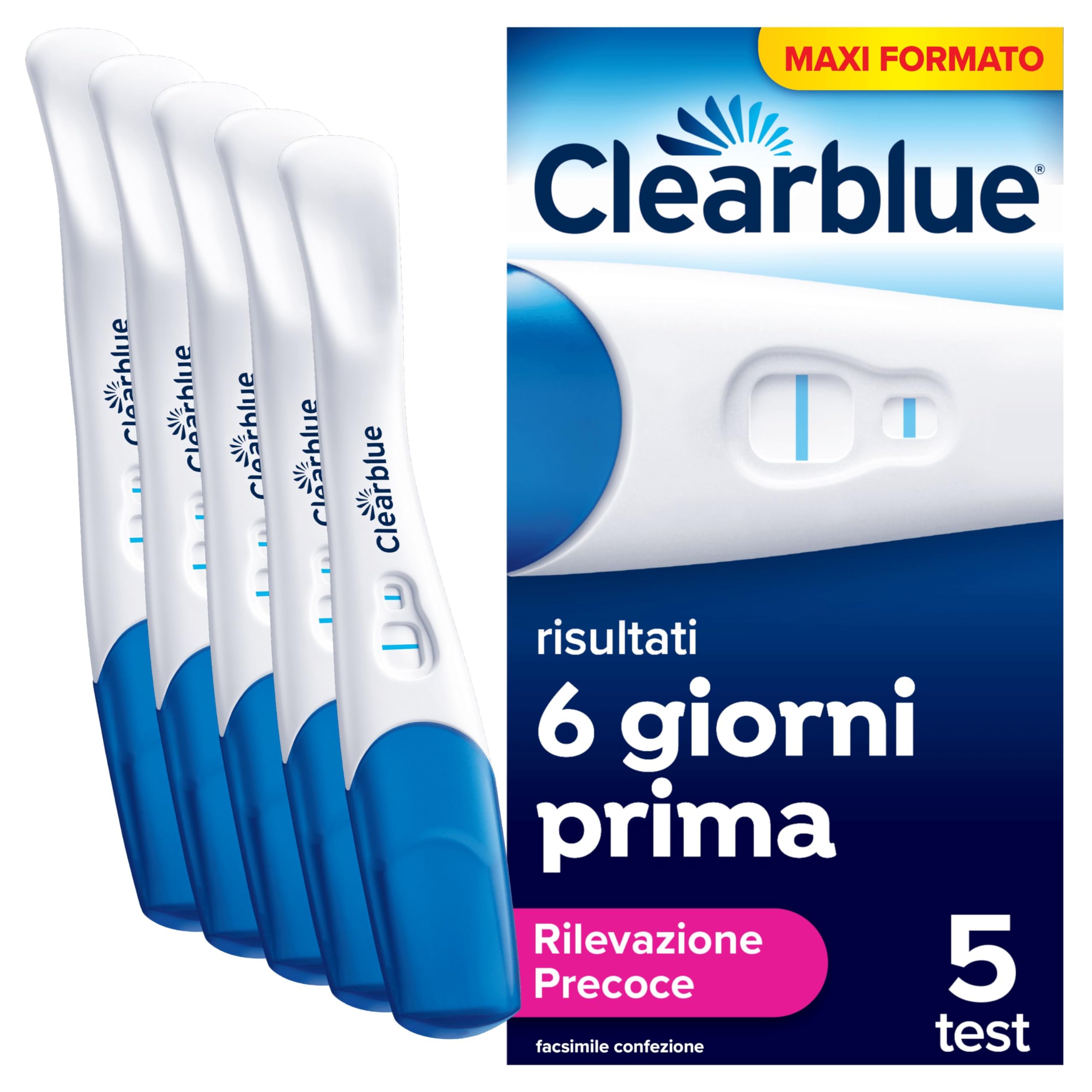Test di gravidanza Clearblue  Rilevazione Ultra Precoce (10 mUI/ml) Maxiformato  Risultati 6 giorni prima  Risultati accurati al 99%  5 test