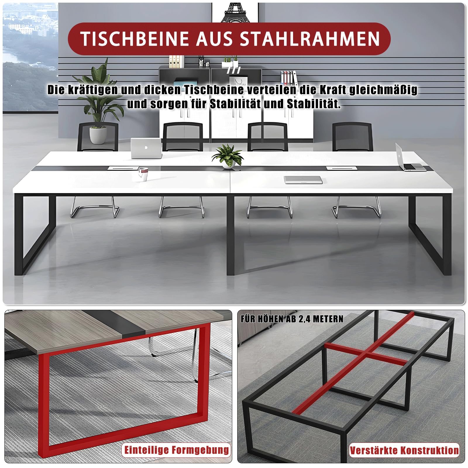 Grande Table de réunion – Bureau conférence pour 6 à 12 Personnes – Design Bois élégant – Installation Simple – Idéale pour Bureau, coworking, séminaires, écoles – (Chaises Non incluses)
