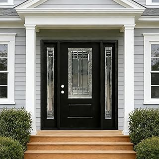 Black Front Door with Two 12" Sidelites, 60"x80" Fiberglass Exterior Door with Caming Glass, Decorative Glass Entry Door with Side Window and Door Frame(Style02-12x36x12x80, Right Hand in-Swing)