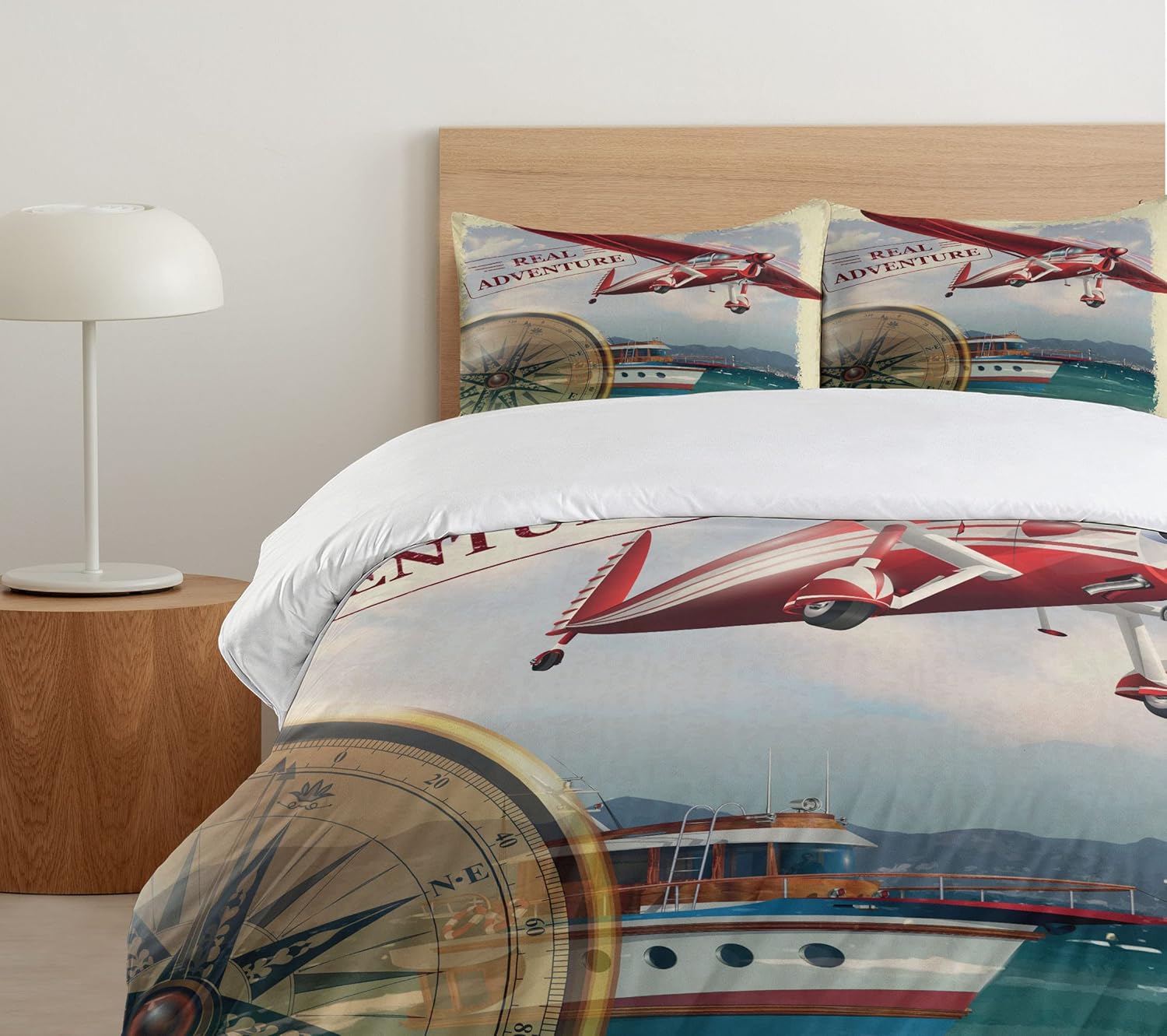 Ambesonne Saying Duvet Cover Set, Real Adventure Words Coastline and a Red Airplane Journey Travel Themed Art, Decorative 3 Piece Bedding Set with 2 Pillow Shams, King Size, Ruby Beige King Ruby Beige