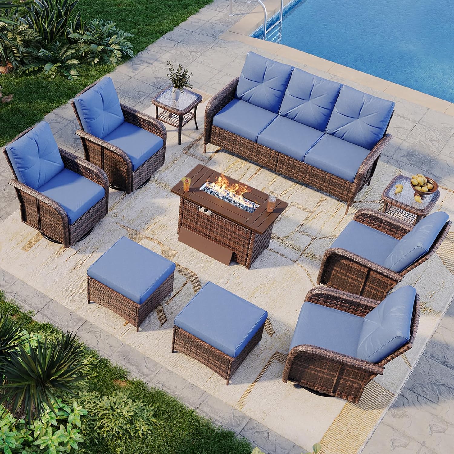Aoxun 10-Piece Patio Furniture Set with 44” Fire Pit Table, Wicker Rattan Outdoor Sectional Sofa with High Back Swivel Rocker Chairs, Outdoor Patio Furniture Set with Thick Cushions & Ottoman, Blue