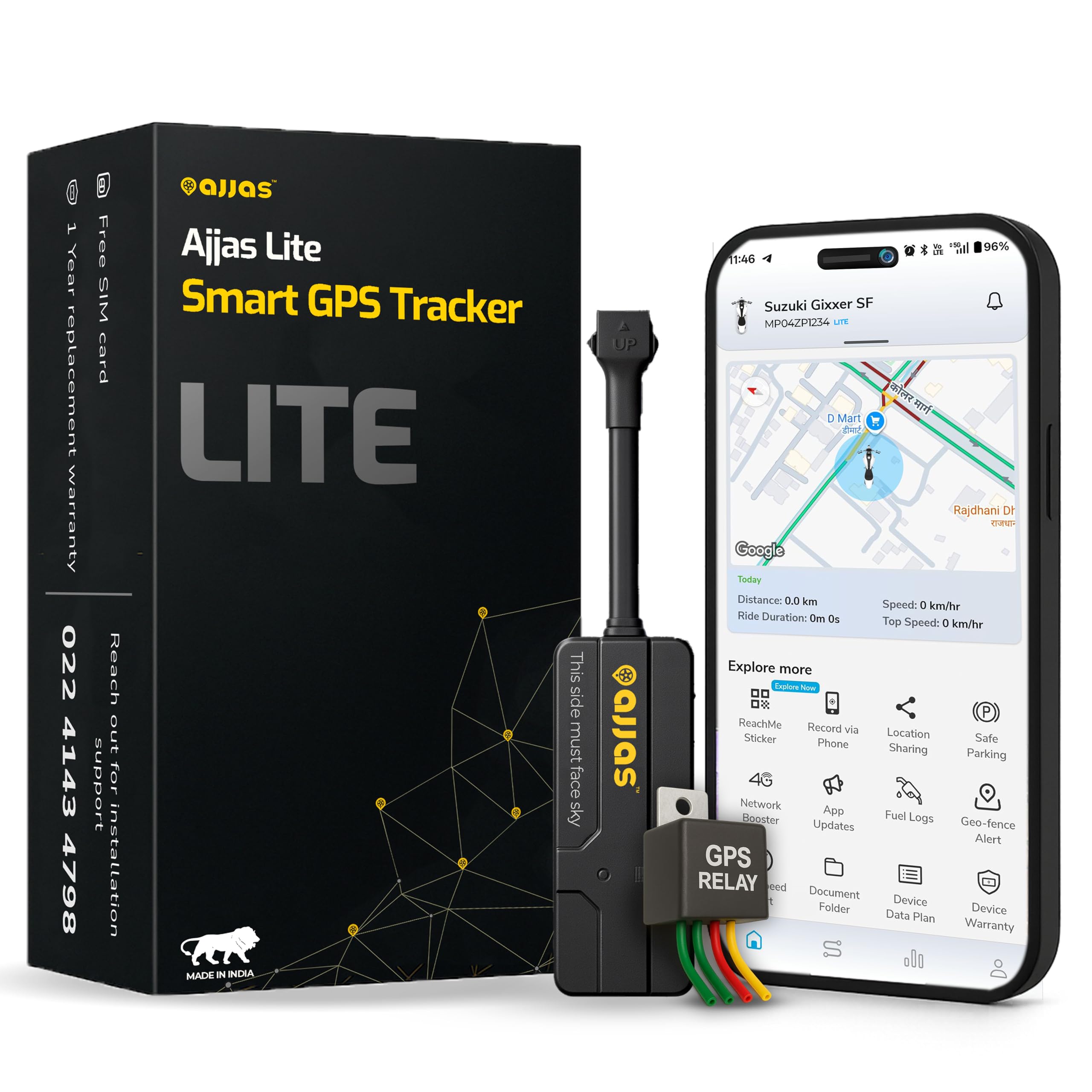 - Ajjas Lite (Remote Engine Lock) - Wired Hidden GPS Tracker with Location Tracking, Geo Fence Alert, More 15+ Features for Car, Bike, Truck, Bus with (1 Year Free Platform)