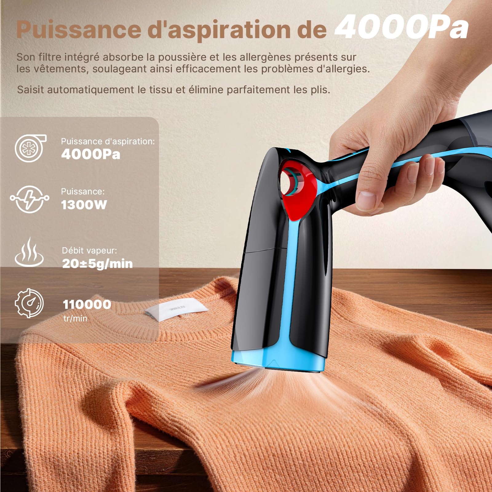 Défroisseur Vapeur 4 en 1, Défroisseur à Main avec Fonction d'aspiration, Réservoir d'eau Amovible de 340 ML, 1300W, préchauffage en 30S pour tous les tissus, Défroissage Rapide et Sans Plis - 4