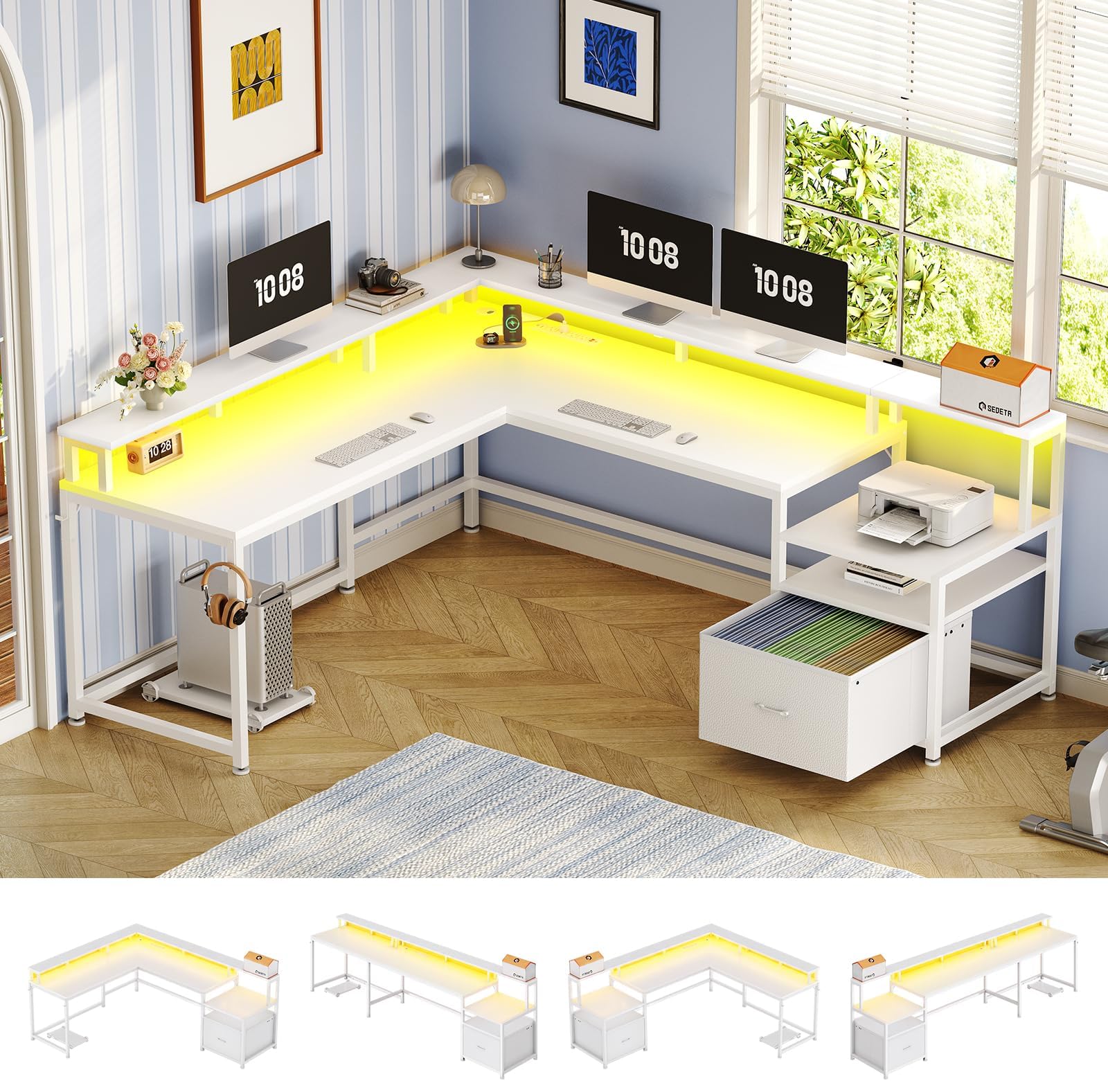 SEDETA 66" L Shaped Desk with Power Outlet, Reversible Home Office Computer Desk with File Drawer & Monitor Shelf, Storage Shelves, LED Lights for Corner Small Spaces, White