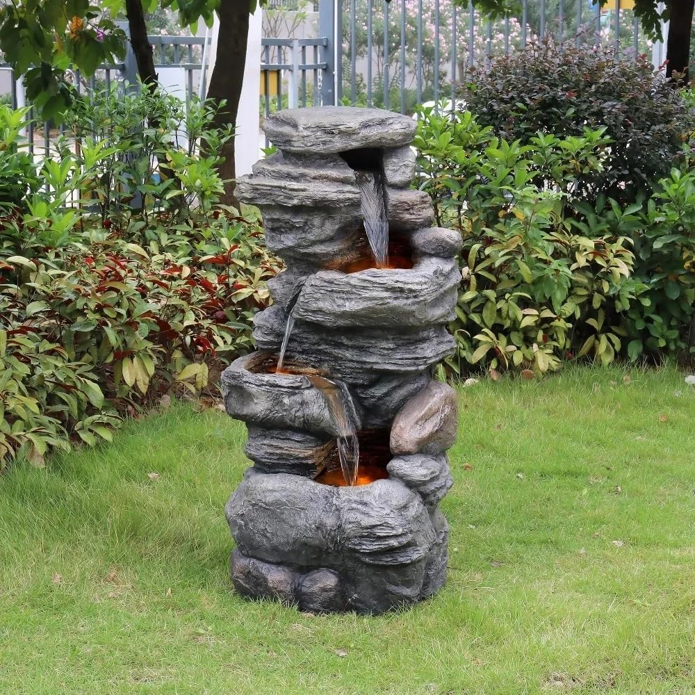 Outdoor Cascading Bowls and Stacked Stones LED Outdoor Water Fountain for Outdoor Living Spaces