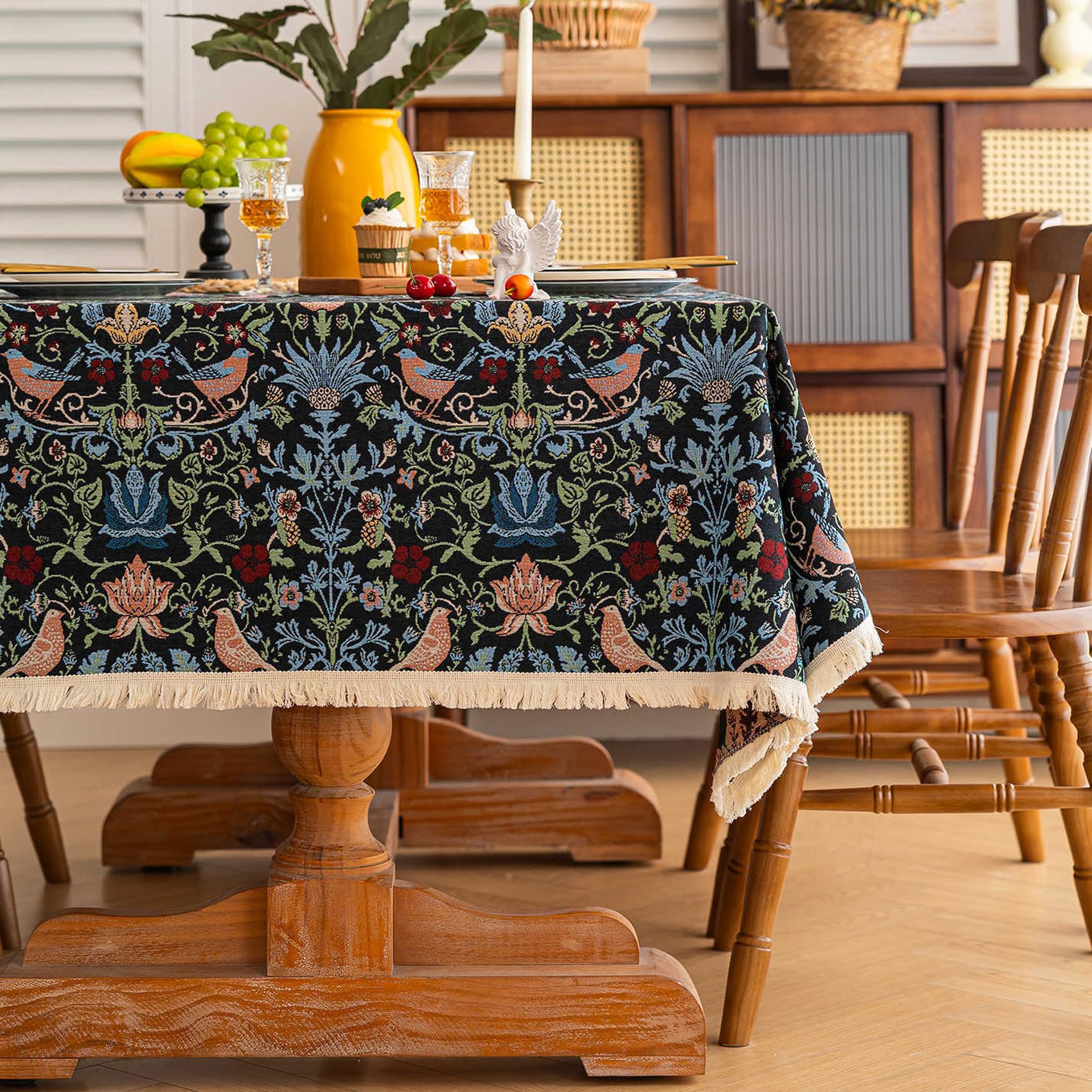 Boho Vintage geometryczny obrus z frędzlami, wodoszczelny, odporny na plamy
