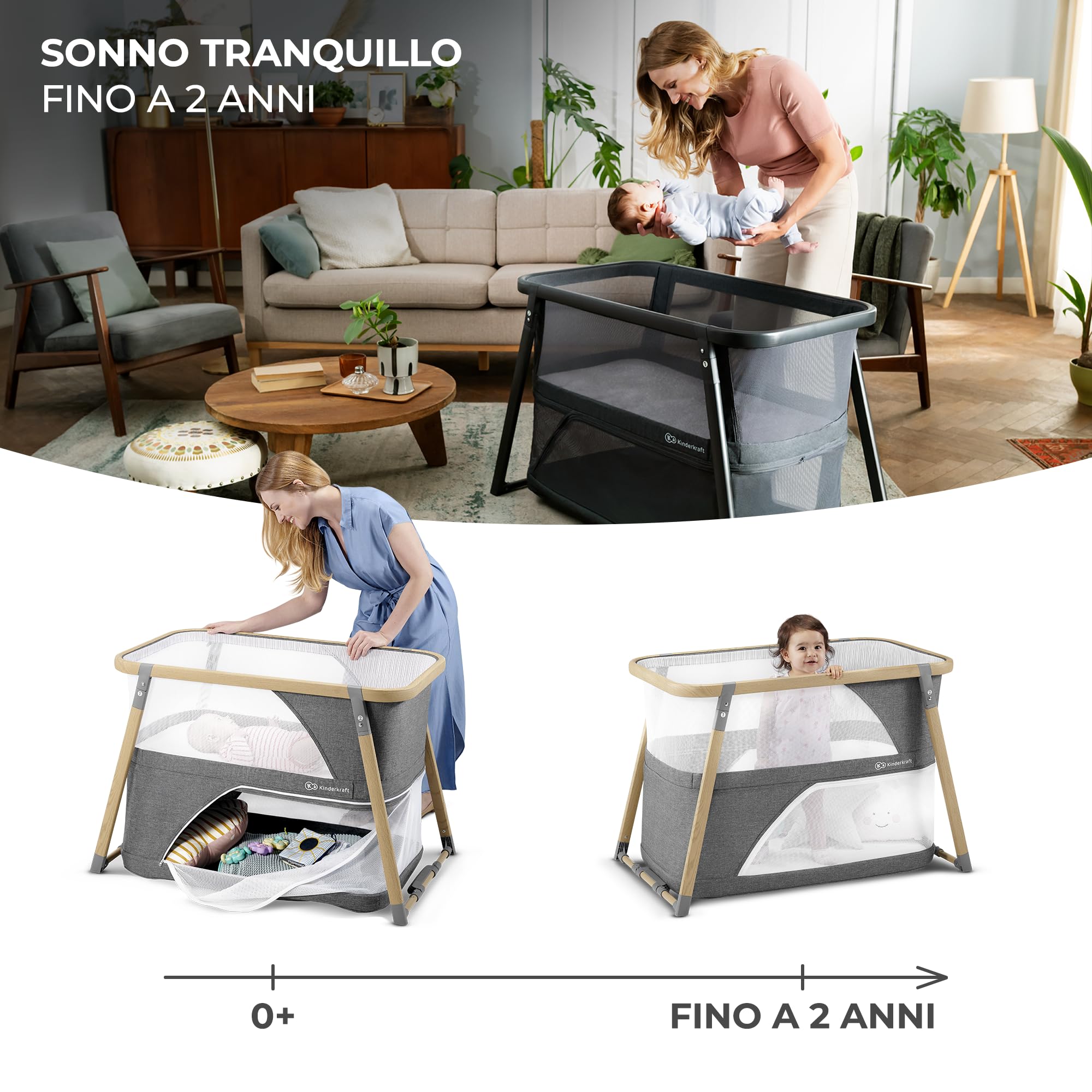 Kinderkraft Lettino Da Campeggio Sofi, Culla 4 In 1, Materasso Morbido, Per Bambini Da 0-15 Kg, Grigio, 107 X 63 X 71 Cm