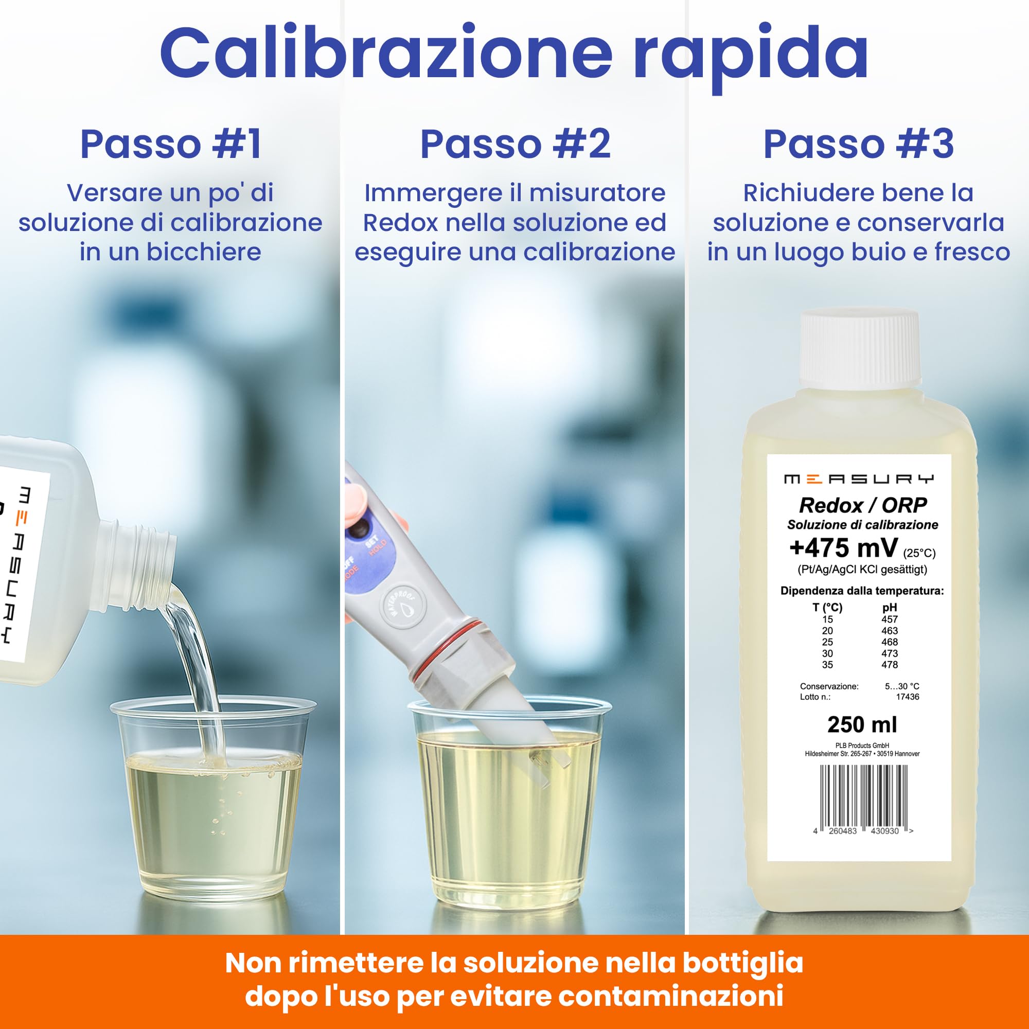 Measury Redox Soluzione di calibrazione 475 mV, 250ml ORP Soluzione tampone | Liquido di calibrazione redox - Soluzione tampone di calibrazione ORP - prodotta in Germania