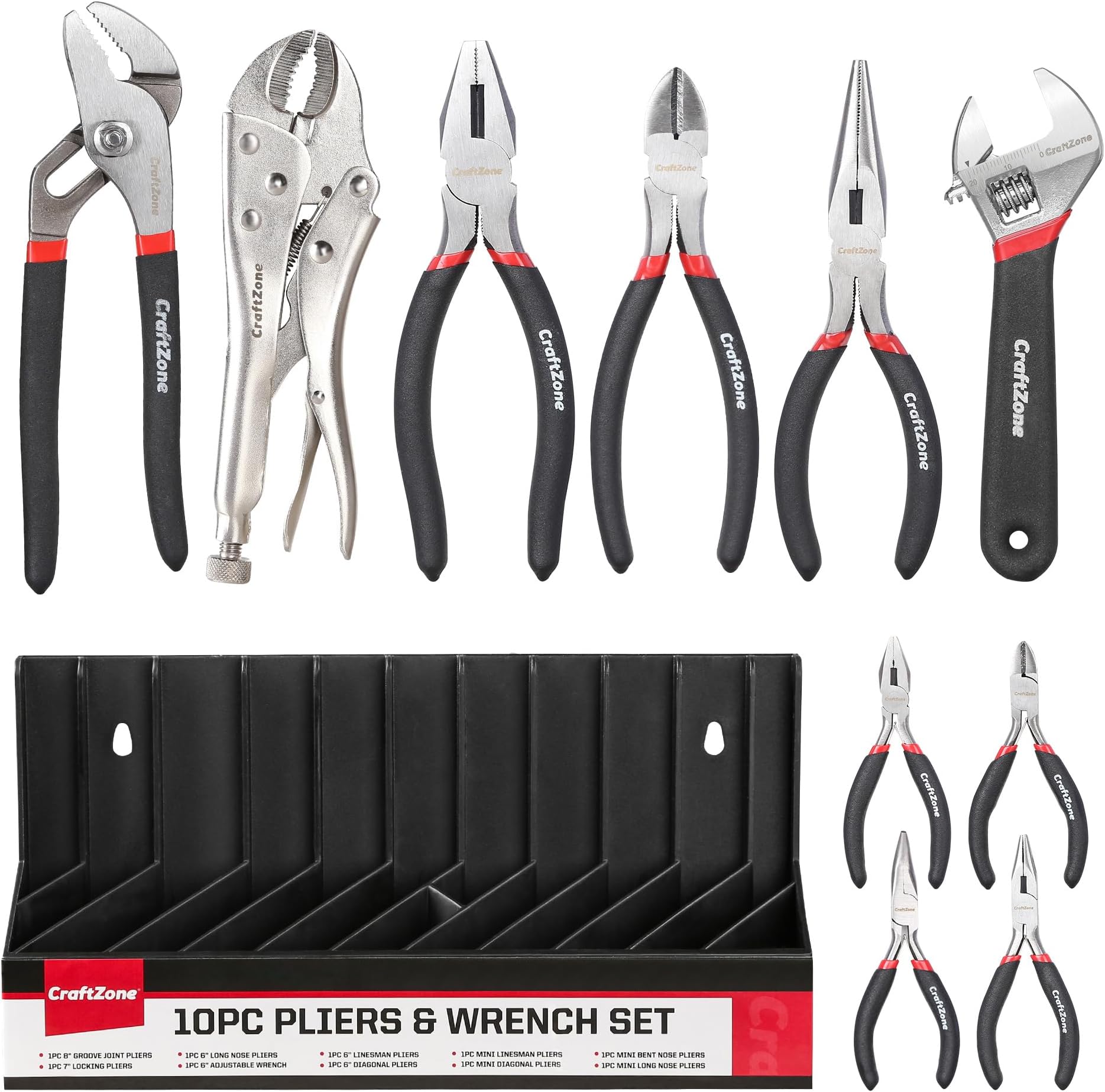10PC Pliers & Wrench Set, Includes Slip Joint Pliers, Long Nose Pliers, Diagonal Pliers, Groove Joint Pliers, Linesman Pliers and Adjustable Wrench, With Rack. For DIY & Home Use.