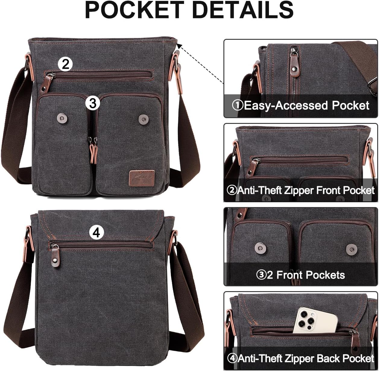 Small Messenger Bag,Kasqo Canvas Leather Crossbody Bag for Men Water Resistant Women Shoulder Bag Purse for Work Business - Image 4