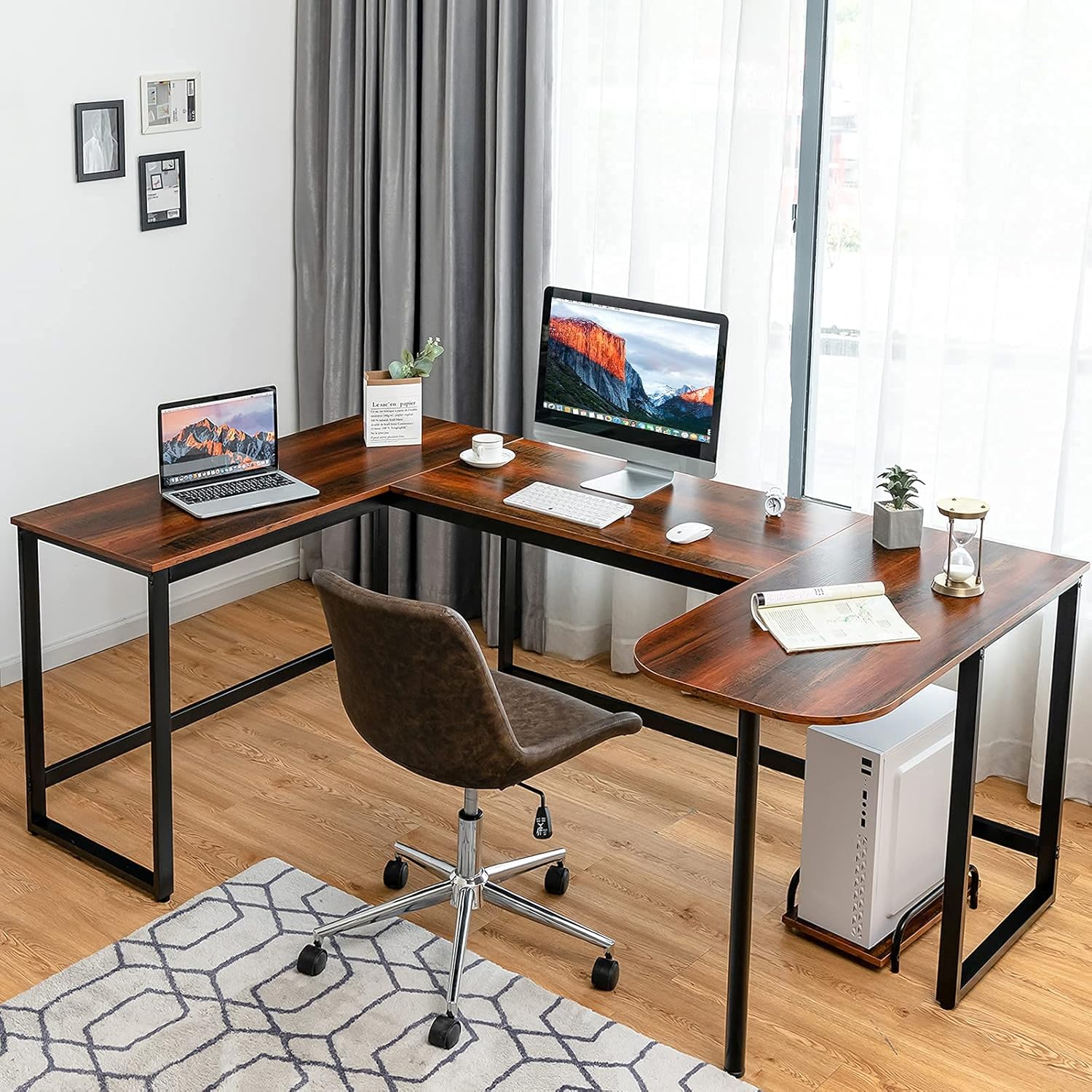 Tangkula U-Shaped Computer Desk, Corner Computer Workstation w/Extra Printer Stand, Movable CPU Stand, 79”x 47” Inch Large Home Office Desk for Working Gaming Studying (Brown) : Home & Kitchen