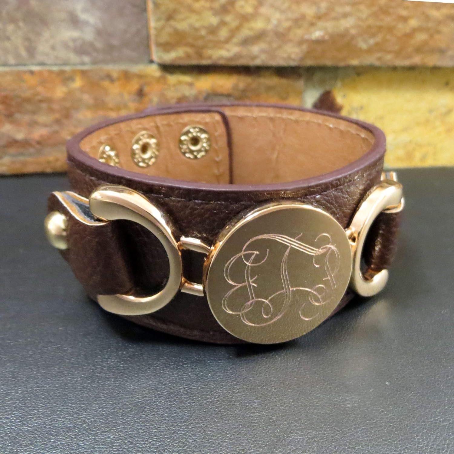 Monogrammed Dark Brown Leather Cuff Bracelet with Gold Initials