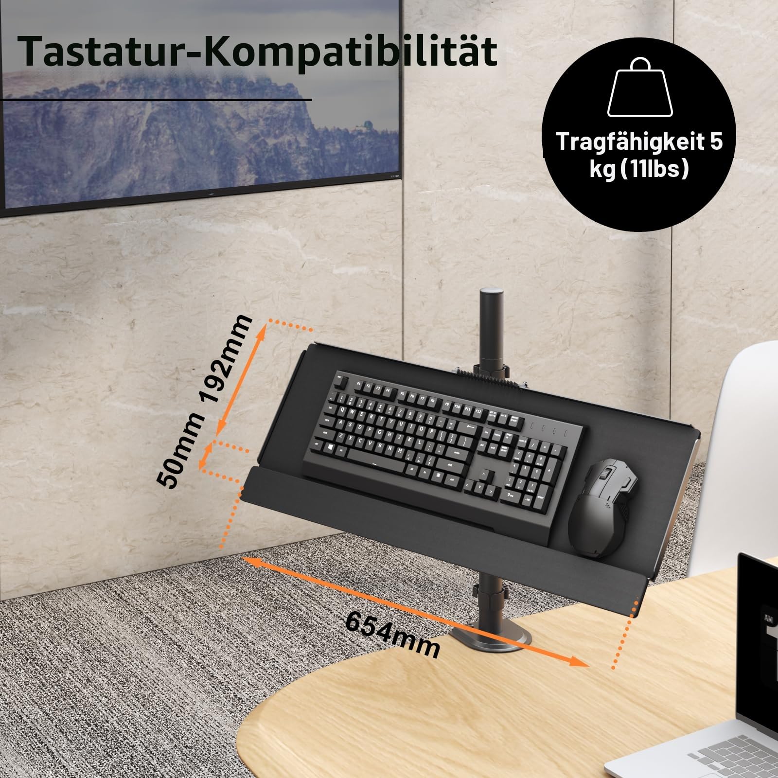 PUTORSEN Tastaturablage für Pole Mount, 25.7" x 9.8" Keyboard Mount passt auf die meisten Standard und Oversized Keyboards, hält bis zu 2.2lbs, Klammer-Arm fits Any Pole from 1.1” to 2.4”, Schwarz