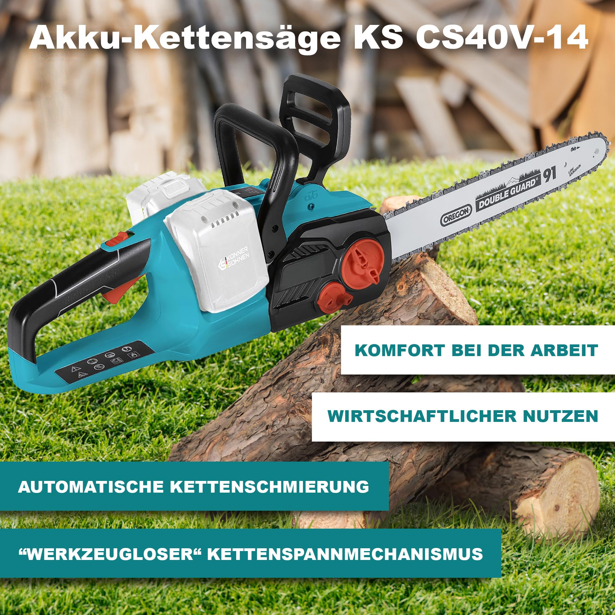 Motosierra de batería KS CS40V-14, voltaje nominal 40 (20+20) V, velocidad de funcionamiento 8000 rpm, longitud de cadena 14” (35 cm), velocidad de la cadena 15 m/s, tensado de la cadena sin herramien