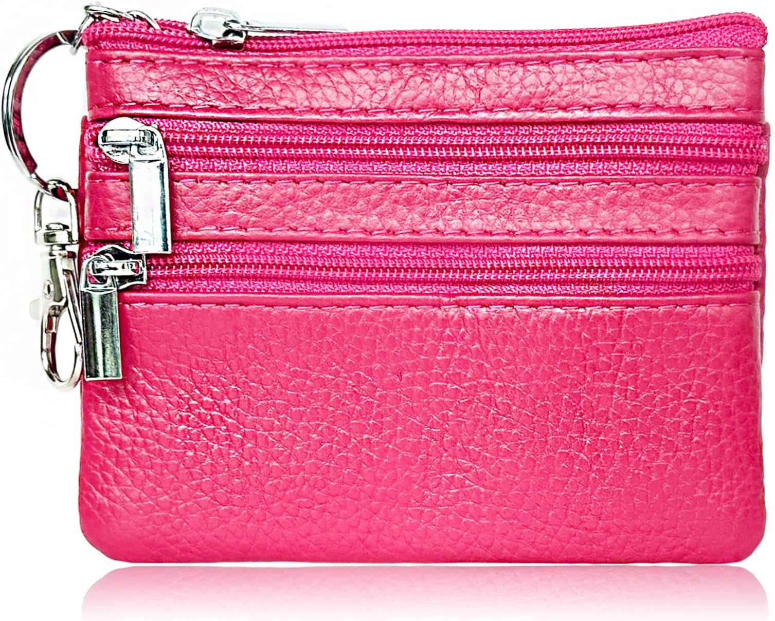 iToolai Genuine Leather Small Coin Purse Pouch Mini Wallet with Zipper Keychain for Women(3.54 x 4.33 inch, Fuchsia)