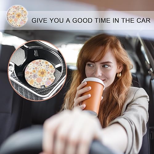 Miniatura 5 de Posavasos retro de flores silvestres, paquete de 2 accesorios universales antideslizantes para automóvil, posavasos redondos de cerámica de 2.56