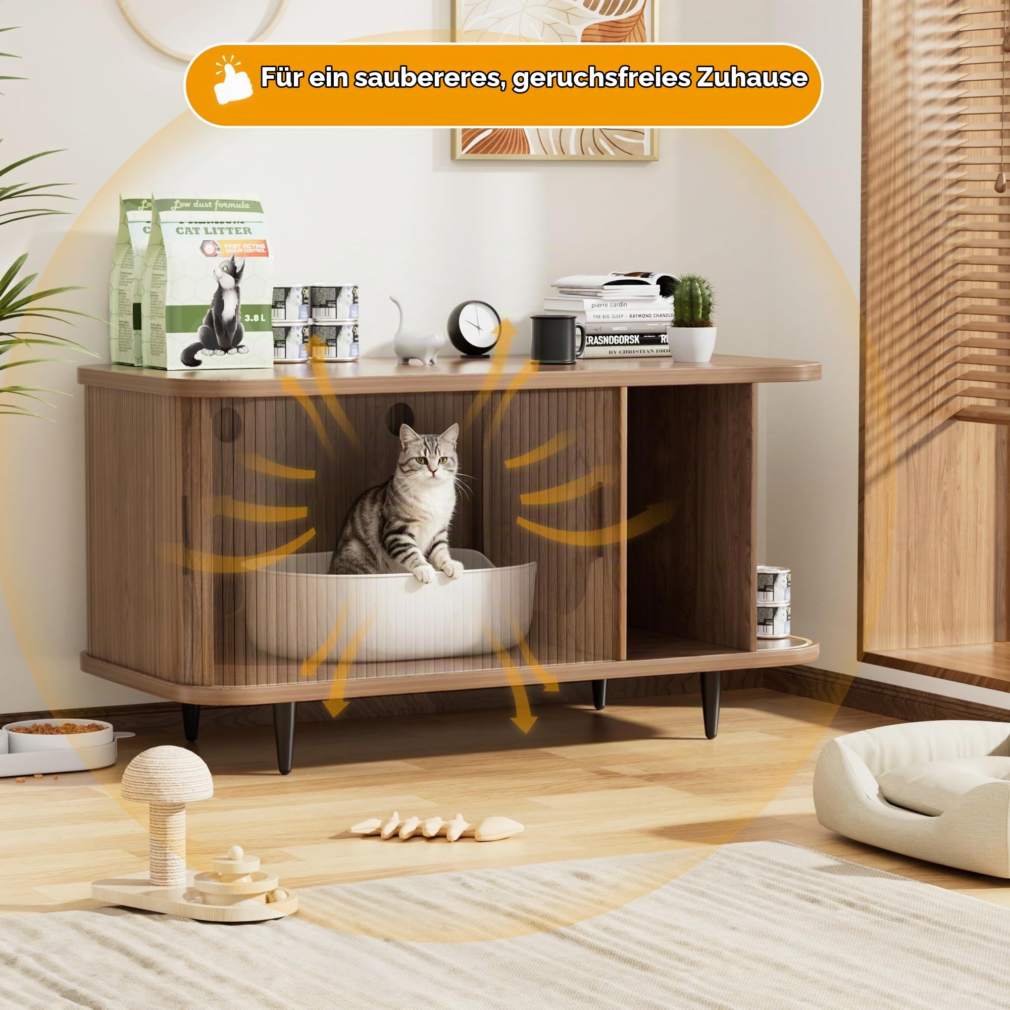 BACEKOLL Katzenklo Schrank mit Rollo-Tür Design, Mid-Century Katzenschrank Holz für große Katzen, Versteckte Katzentoilette mit Stauraum & stabilen Metallbeinen, 105 x 50 x 58 cm, Walnuss