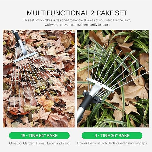 Miniatura 5 de VIVOSUN Juego de rastrillo de hojas de 2 piezas, rastrillo ajustable para jardíncamping con 159 dientes, dientes colapsados y mango telescópico (64