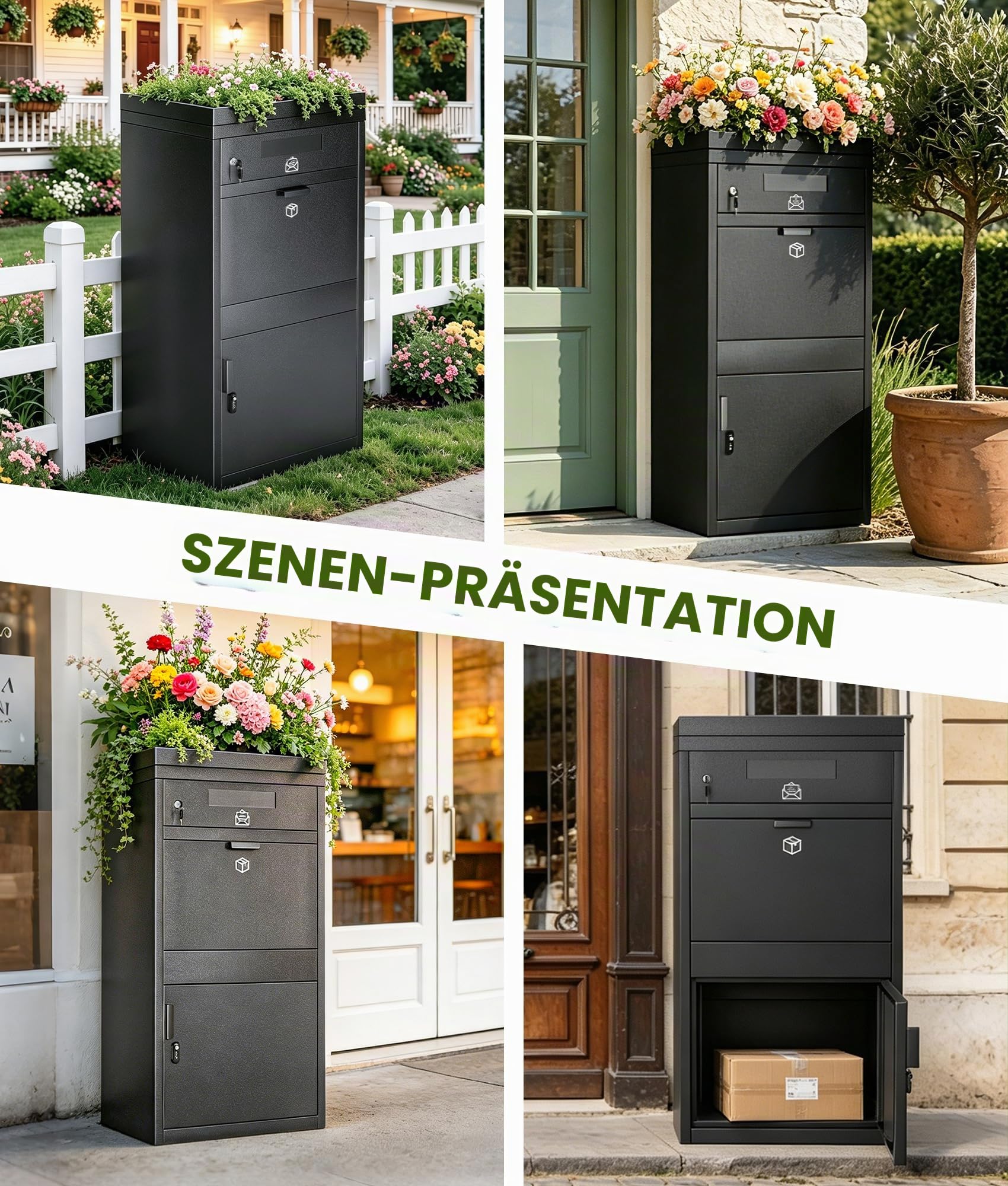Briefkasten Paketbox mit Pflanzdach, Paketbriefkasten mit Zahlenschloss, Automobilstahl Pulverbeschichteter Paketbox, Paketbriefkasten mit Wasserdichter & Debstahlsicherer Funktion (60 x 45 x 115cm)
