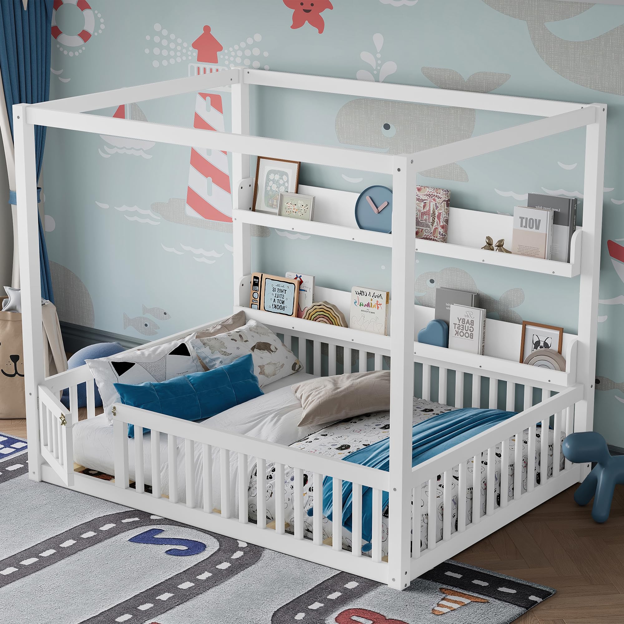 GOWE Full Size Canopy Bed with Guardrails, Solid Wood Floor Bed with Shelves, Montessori Floor Bed Frame for Kids, Boys, Girls, No Spring Box Needed, White