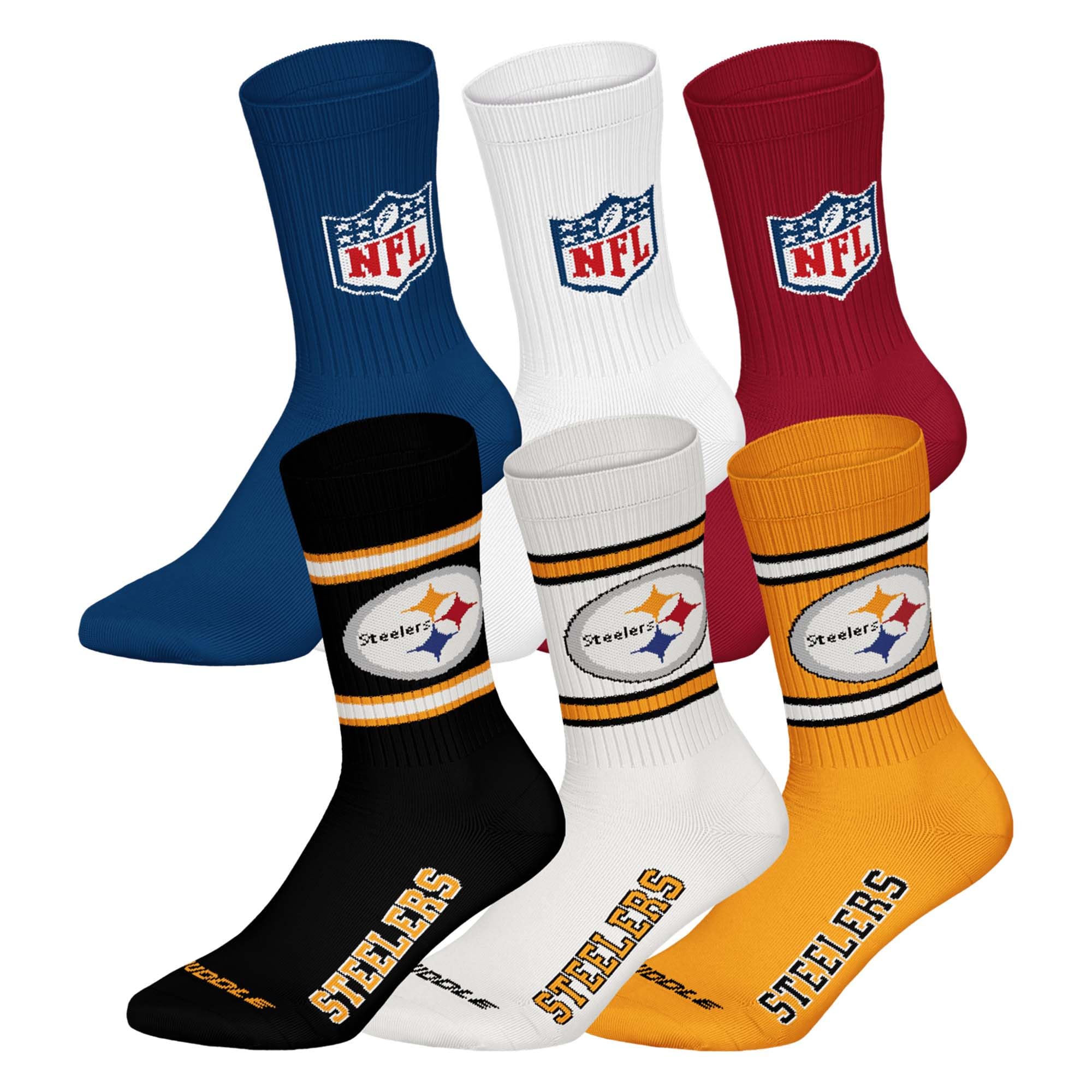 NFL Unisex Team Crew Socks, Pittsburgh Steelers, Mix, 43-46, Pack of 6
