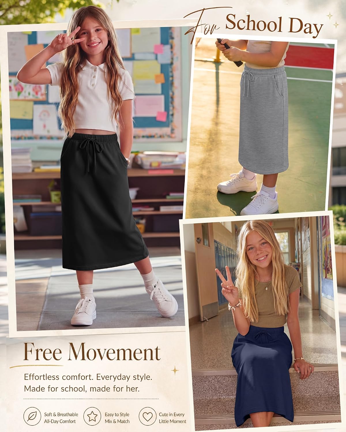 Halfchet 3 Pack Girls Midi Skirt Teen Girls Knee Length Drawstring High Waist Back Slit Casual Long Skirts with Pockets 5-16Y