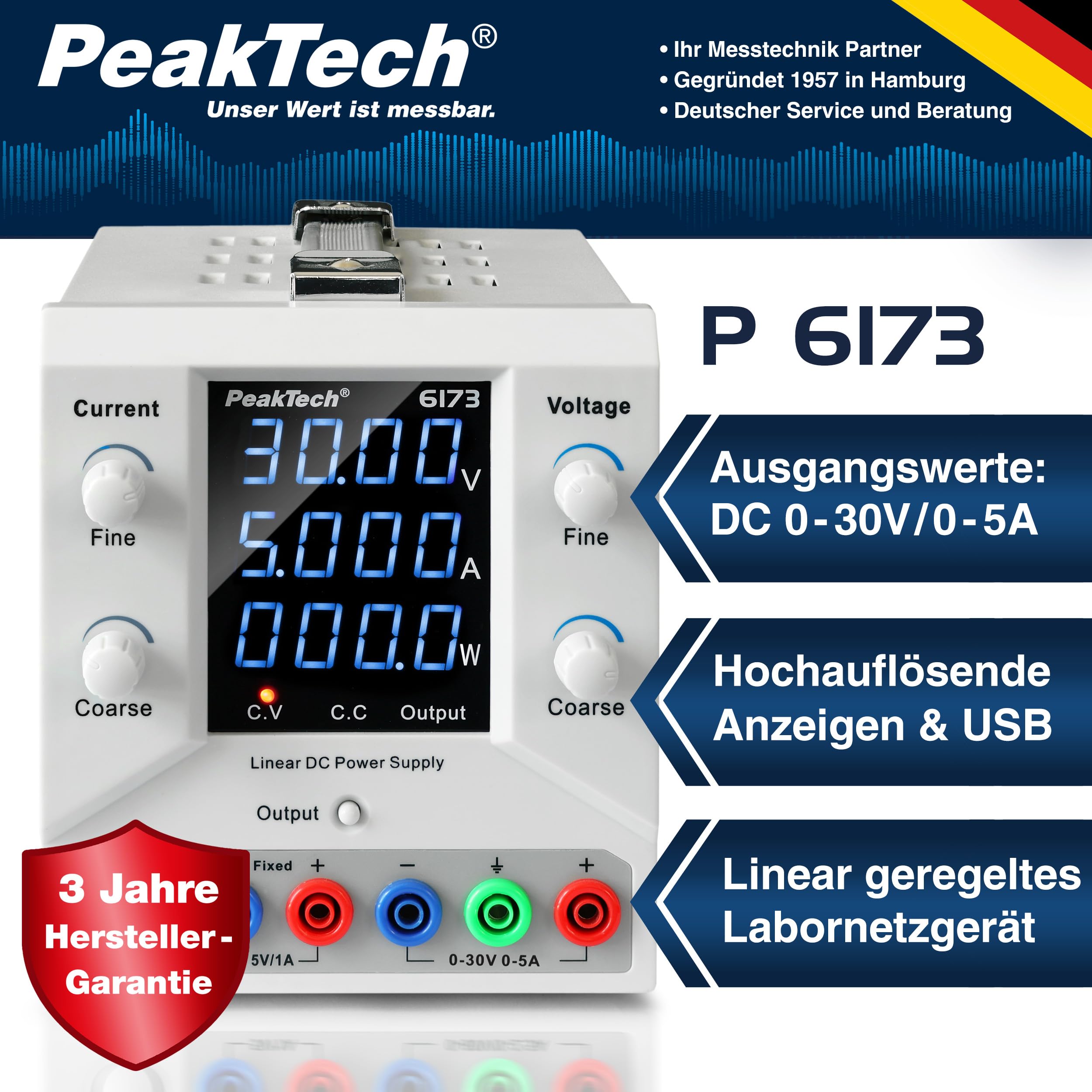PeakTech 6173 - Alimentatore da laboratorio 0-30 V / 0-5 A DC SELV lineare con trasformatore di isolamento, alimentatore da laboratorio con USB e software