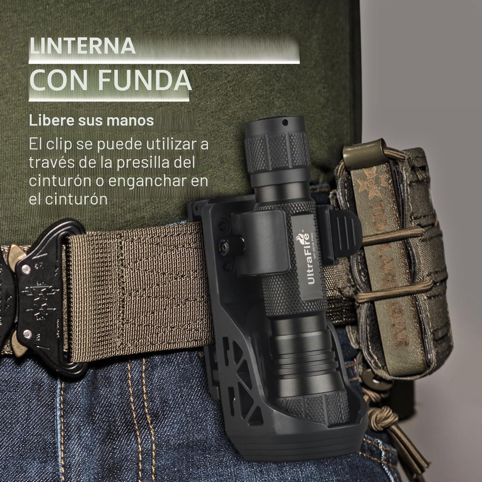 ULTRAFIRE Linterna táctica con estuche, 1200 lúmenes, linterna LED monomodo con cinturón de servicio soporte de antorcha, para aplicación de la ley, patrulla, seguridad, exterior, WF-501B PRO