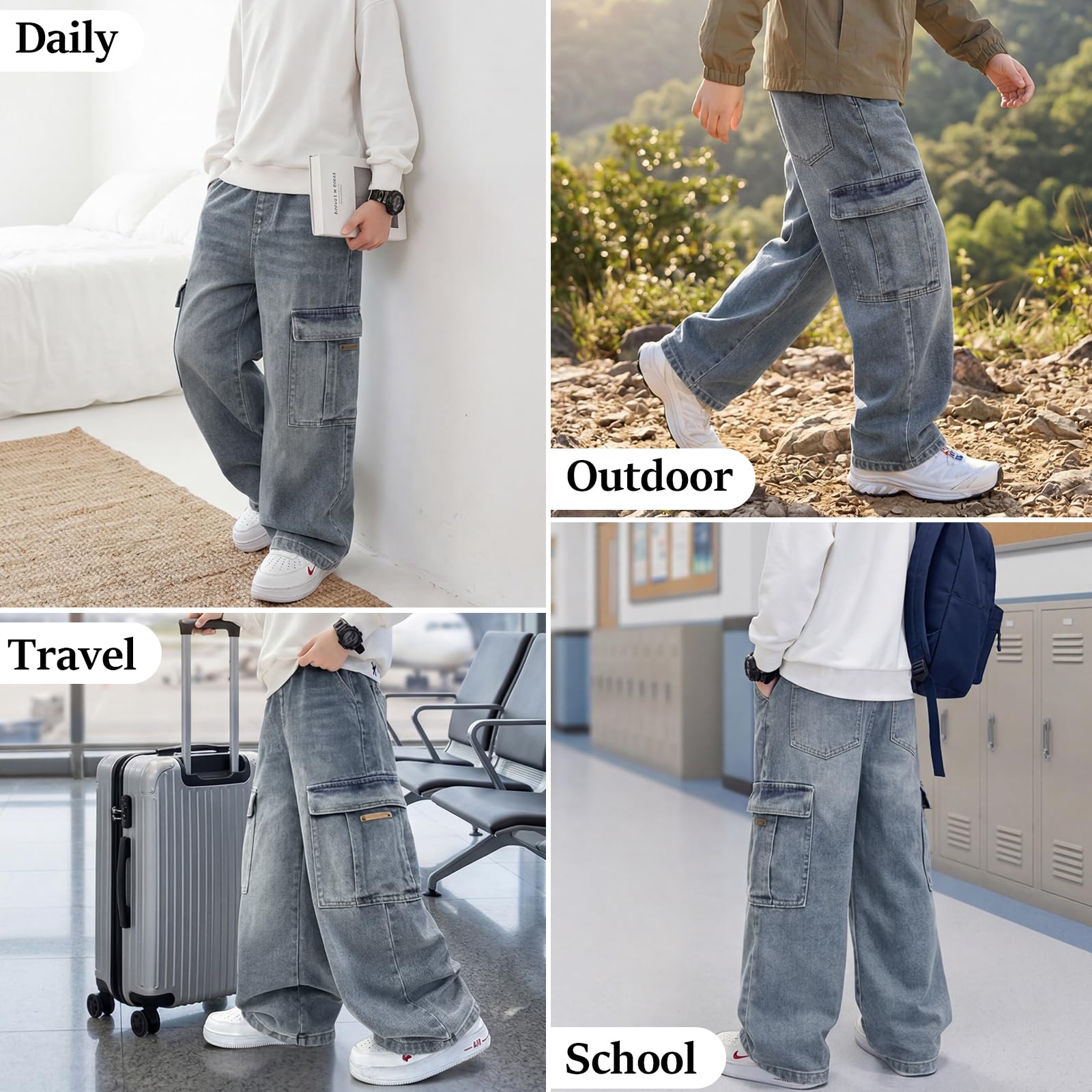 Vaqueros Baggy Cargo Jeans para Niños, Denim Pantalones con Cintura Elástica y Multi-Bolsillos Holgados Largos Stretch Denim Jeans Vintage Streetwear Skater Pants para Niño 7-15 Años