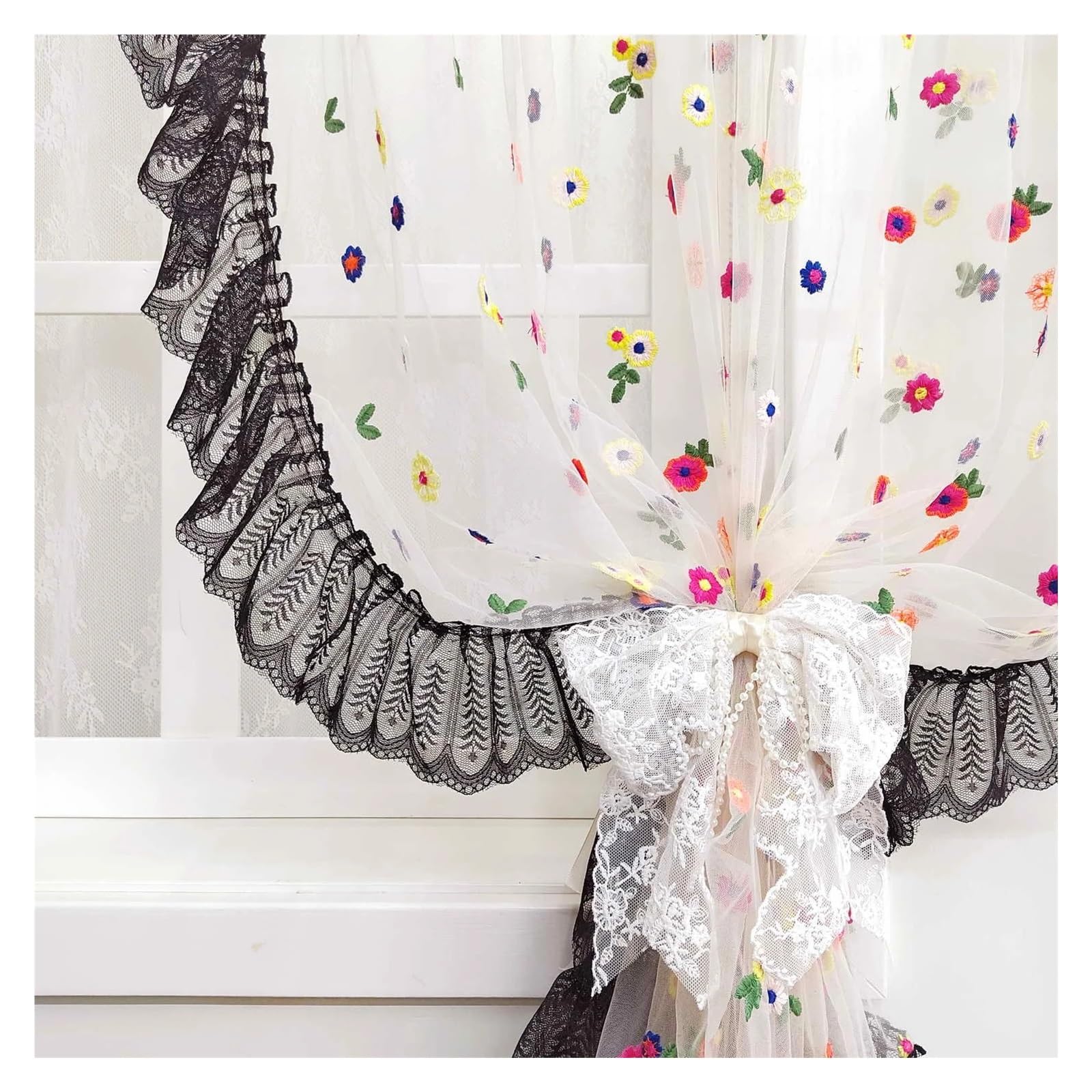 DFGRGRV Ruffle Curtains Colorful Small Floret Embroidered Sheer Tulle Ruffle Curtains for Bedroom, Girl's Room, Cafe(W140xH160CM-1PC)