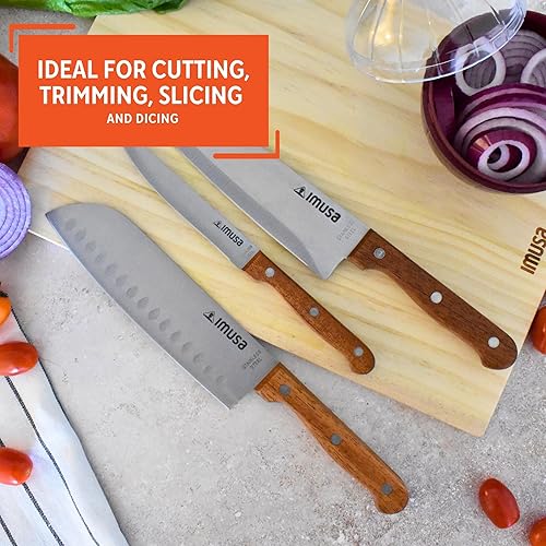 Miniatura 6 de IMUSA Juego de cuchillos de 3 piezas con mango de madera, cuchillo de chef de 8 pulgadas, cuchillo Santoku de 7 pulgadas y cuchillo utilitario de 5