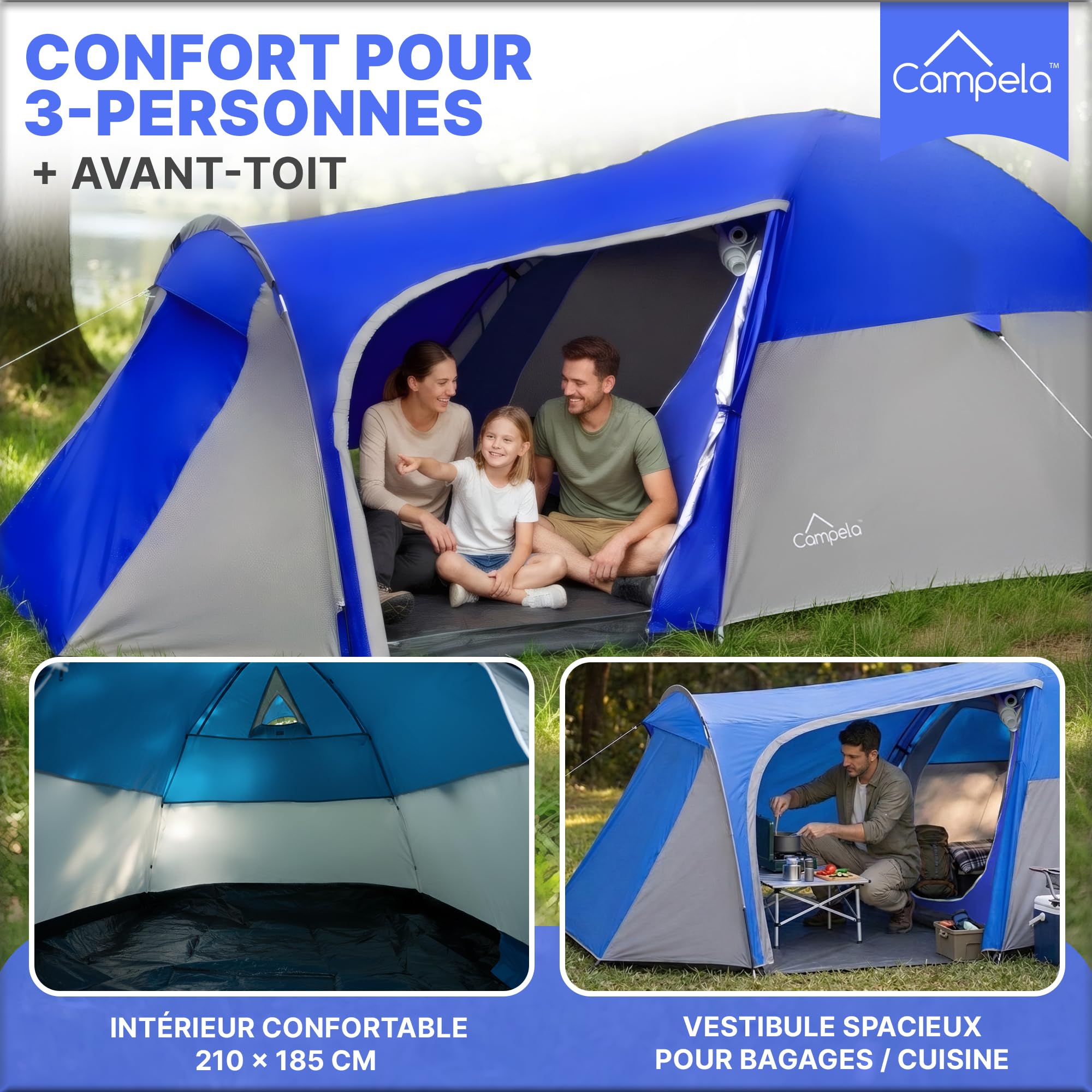 Tente igloo 3 personnes étanche à montage rapide - Tente igloo légère et compacte avec moustiquaire - Haute pour hiver, trekking, festival, vacances, camping