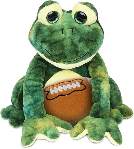 DolliBu Animal de peluche de rana con peluche de fútbol, rana en cuclillas suave y abrazable, adorable juguete de peluche para jugar, lindo regalo