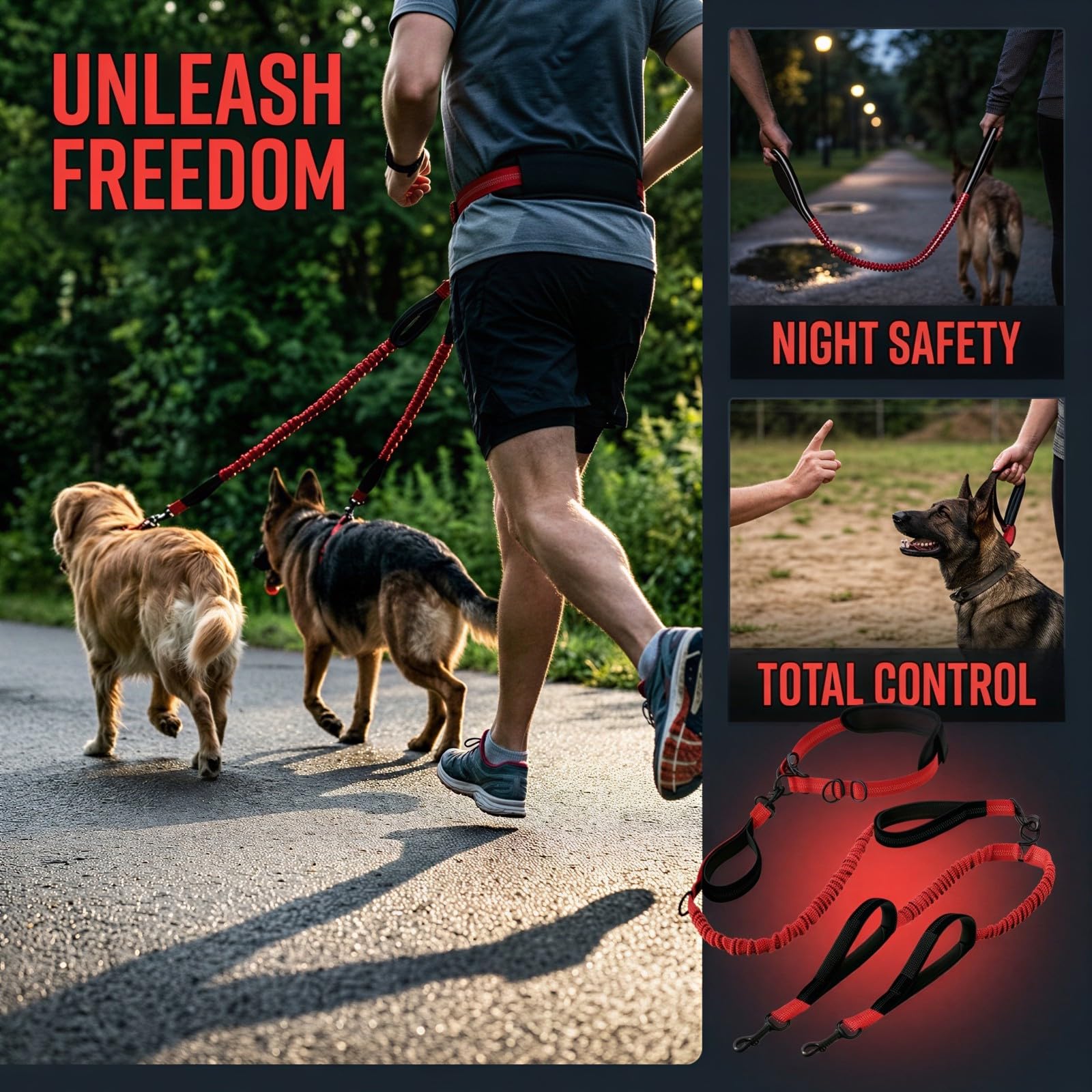 Hundeleine für 2 Hunde, freihändig, Doppelleine mit stoßdämpfendem Bungee, verstellbarem Hüftgurt und 4 gepolsterten Griffen, ohne Verheddern für Laufen, Gehen und Training
