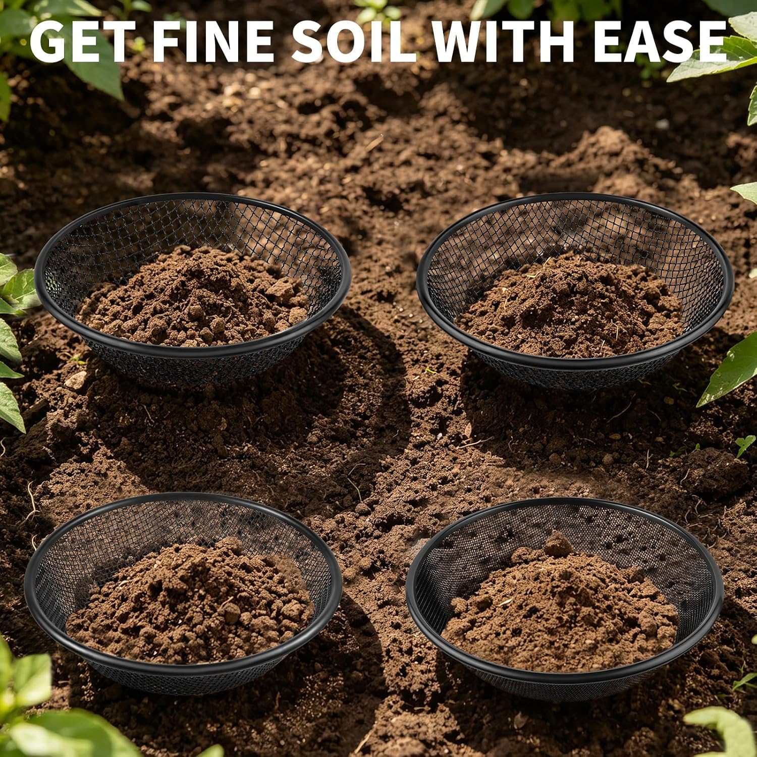4 PCS Soil Sifter for Gardening, 1/3,1/4,1/6,1/9 Inch Heavy Duty Rock Dirt Compost Sifter Fits 5 Gallon Bucket,Black Stainless Steel Fine Dirt Garden Sifter for Gravel, Filtering Compost