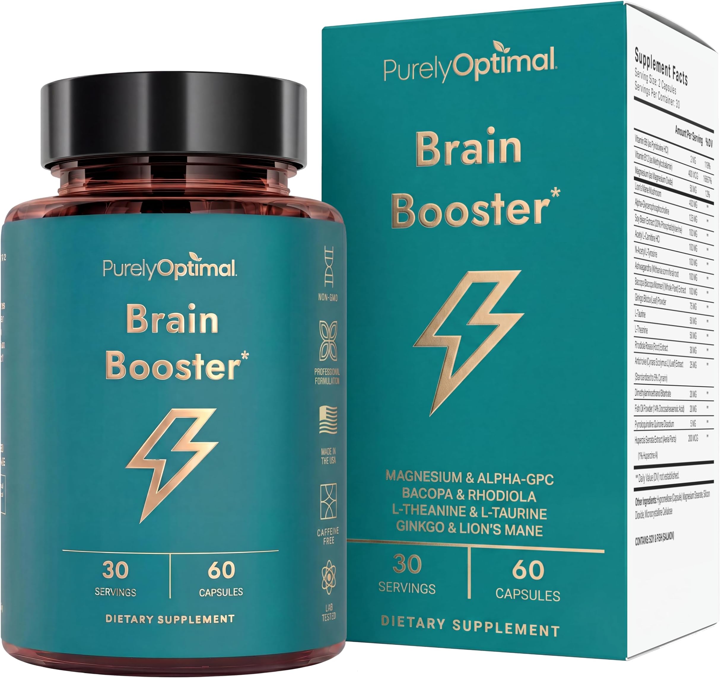 Purely Optimal Brain Booster with Alpha GPC & Ginkgo, 60 Caps | Gentle, Daily Nootropic Formula Designed for Adults & Seniors Seeking Steady Focus & Clarity, 60 Capsules