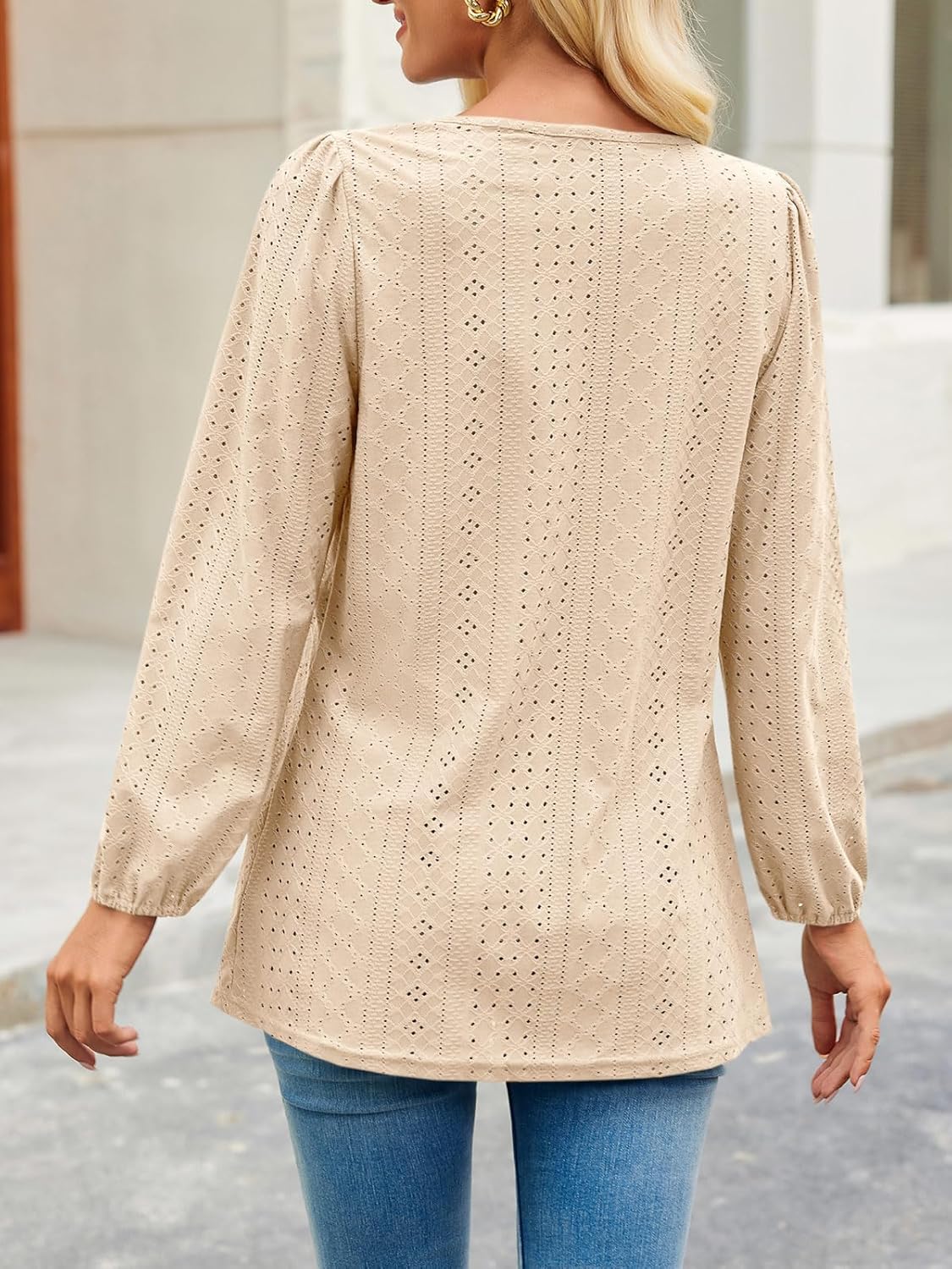 Tankaneo Womens Long Sleeve Shirts V Neck Loose Fit Tunic Tops Babydoll Peplum Top Flowy Dressy Casual Blouse Eyelet T-Shirt - Image 3