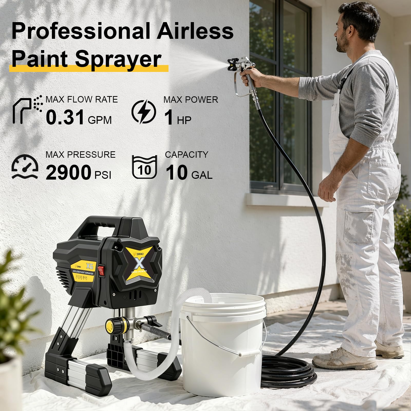 Spruzzatore Vernice Airless 650W 2900 PSI, Pompa Verniciatura Senza Aria con Pistola X-450 e Ugello 517, Tubo Prolunga 30 cm, Serbatoio 20 GAL Occhiali Protettivi (DP-X6)