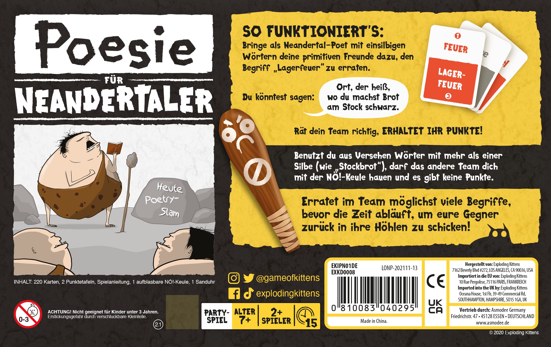 Exploding Kittens- Poésie pour Les Néandertaliens Neandertaler Jeu, EXKD0008 - Version Allemande