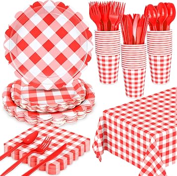 WNINK 176 PCS Red Gingham Plates and Napkins, Red Checkered Disposable Plates Set with Napkins Cups Plastic Spoons Forks Knives for Dinner Birthday Baby Shower Wedding Supplies Serve 25 Guests