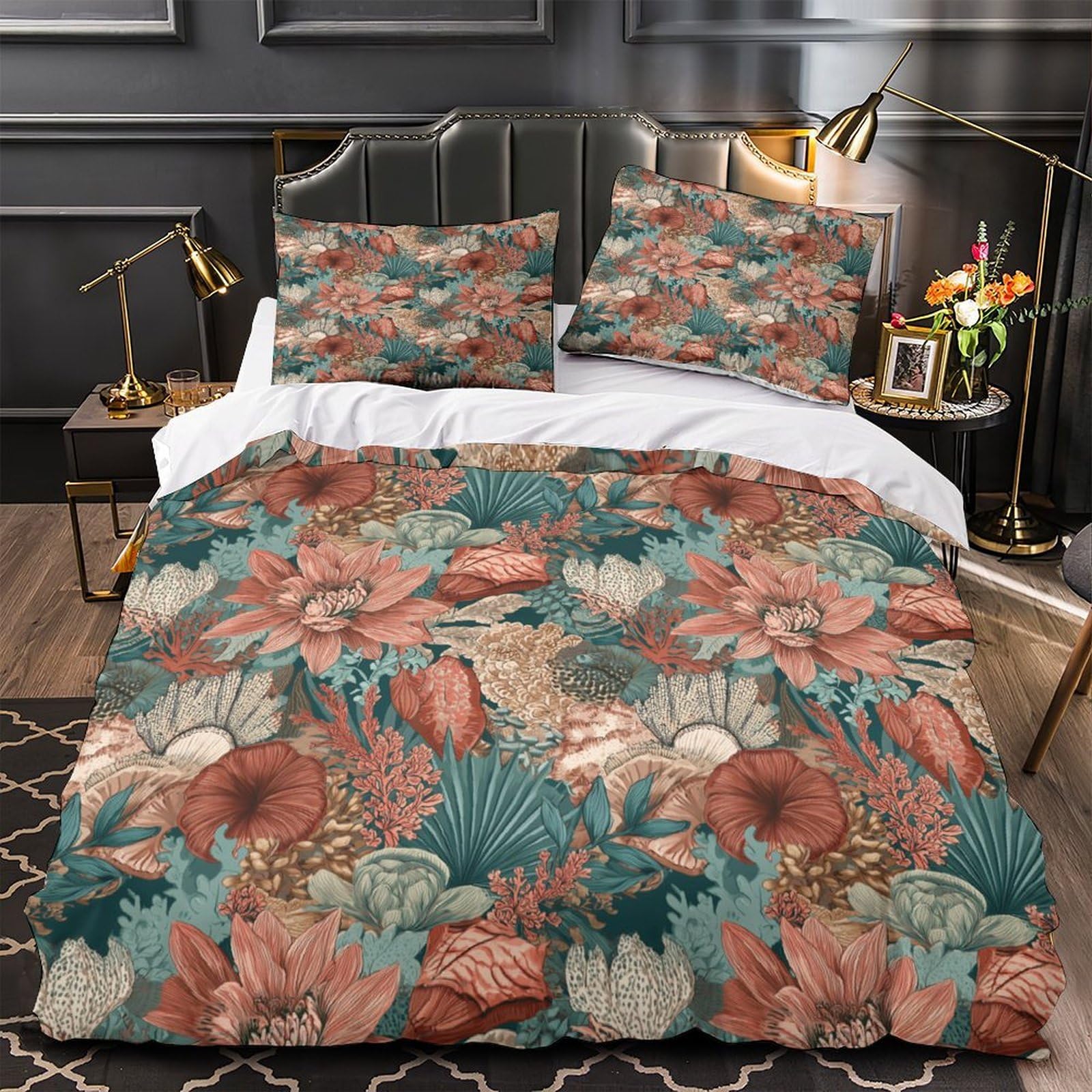Housse de couette 220x240 imprimé 3D floral drap de lit microfibre douce avec zip