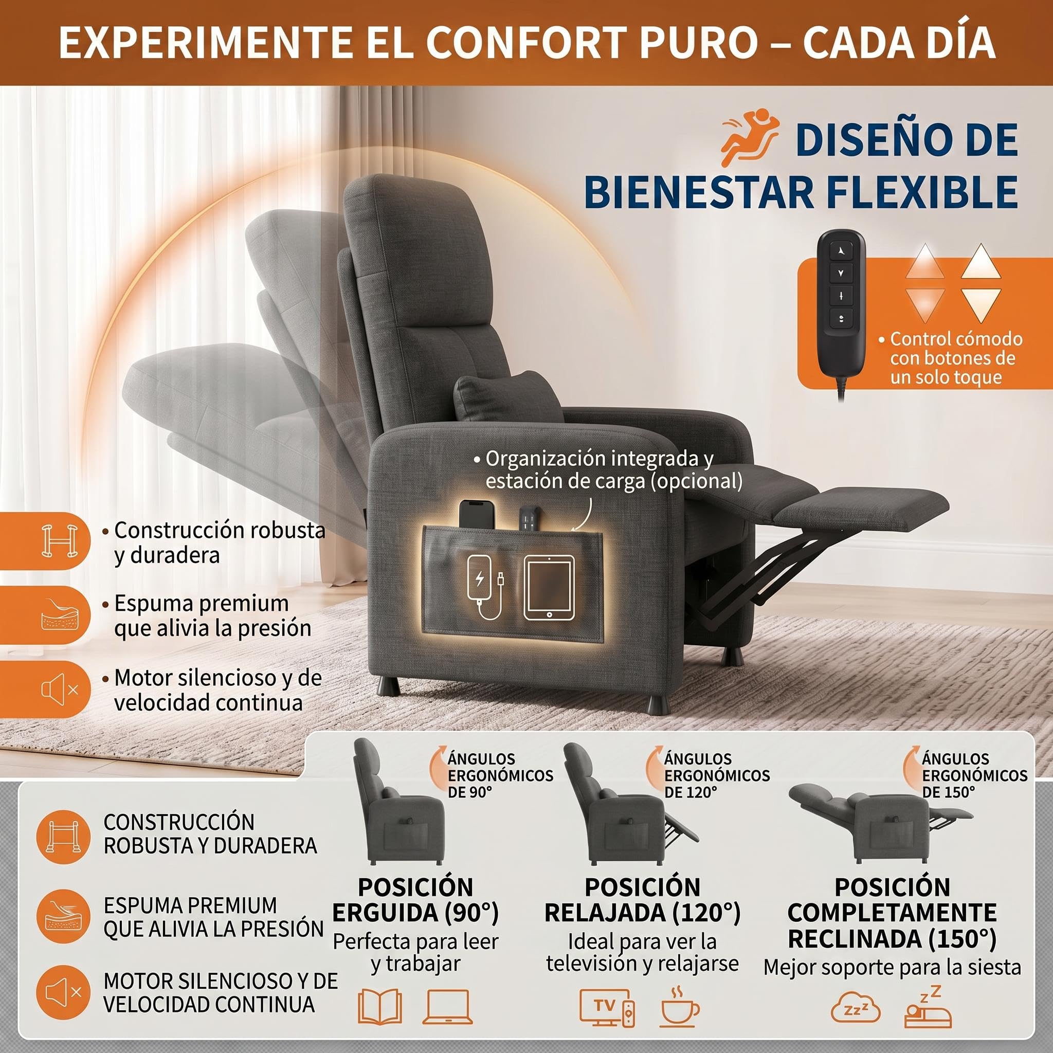 Litake Sillón Eléctrico Reclinable con Masaje y Calefacción, Sillón Relax con 4 Puntos de Masaje y Calor, Tapizado de Lino, Estructura de Hierro, para Sala de Estar, Puerto USB, Marrón