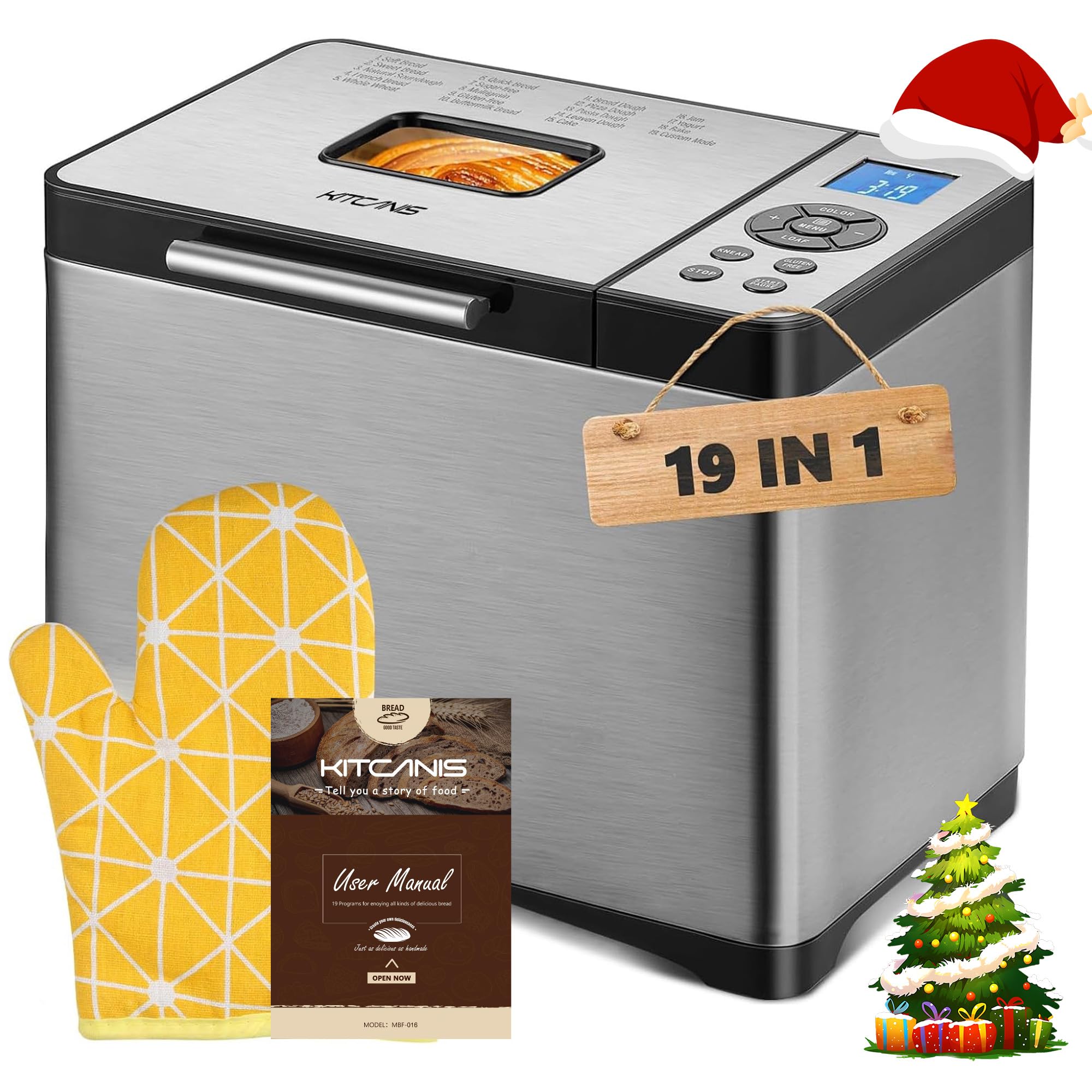 Bread Maker Machines 19-in-1 KITCANIS, 2.2LB Large Bread Machine, Stainless Steel Breadakers with Nonstick Pan, 15H Timer&1H Keep Warm, 650W Sourdough Maker with 3 Crust Shades& Colors (Extra Large)