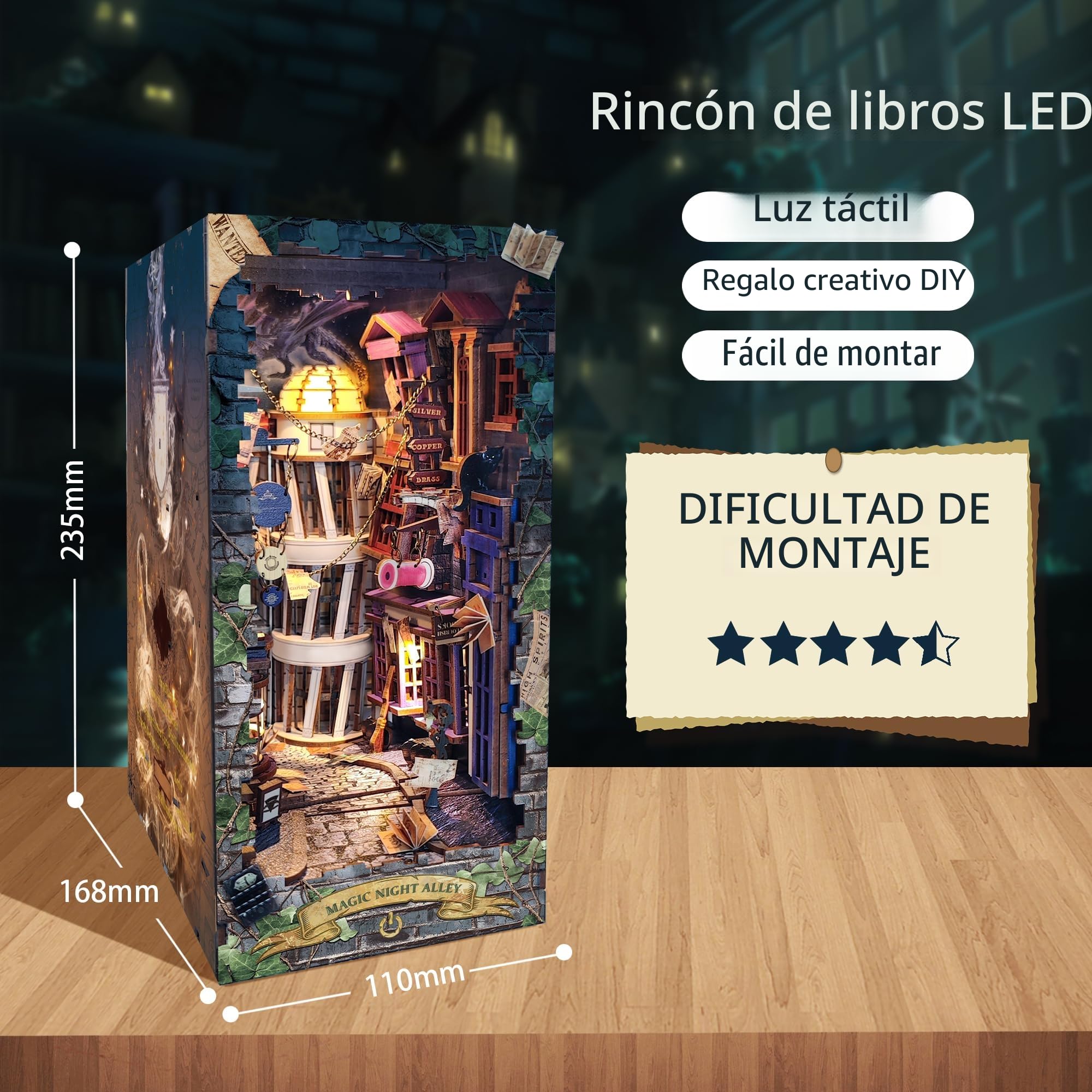 Mkitnvy Kit de bricolaje de miniaturas, casa de muñecas, callejón nocturno, rincón de lectura, con protector de polvo, para adultos y adolescentes, rompecabezas 3D de madera (callejón nocturno)