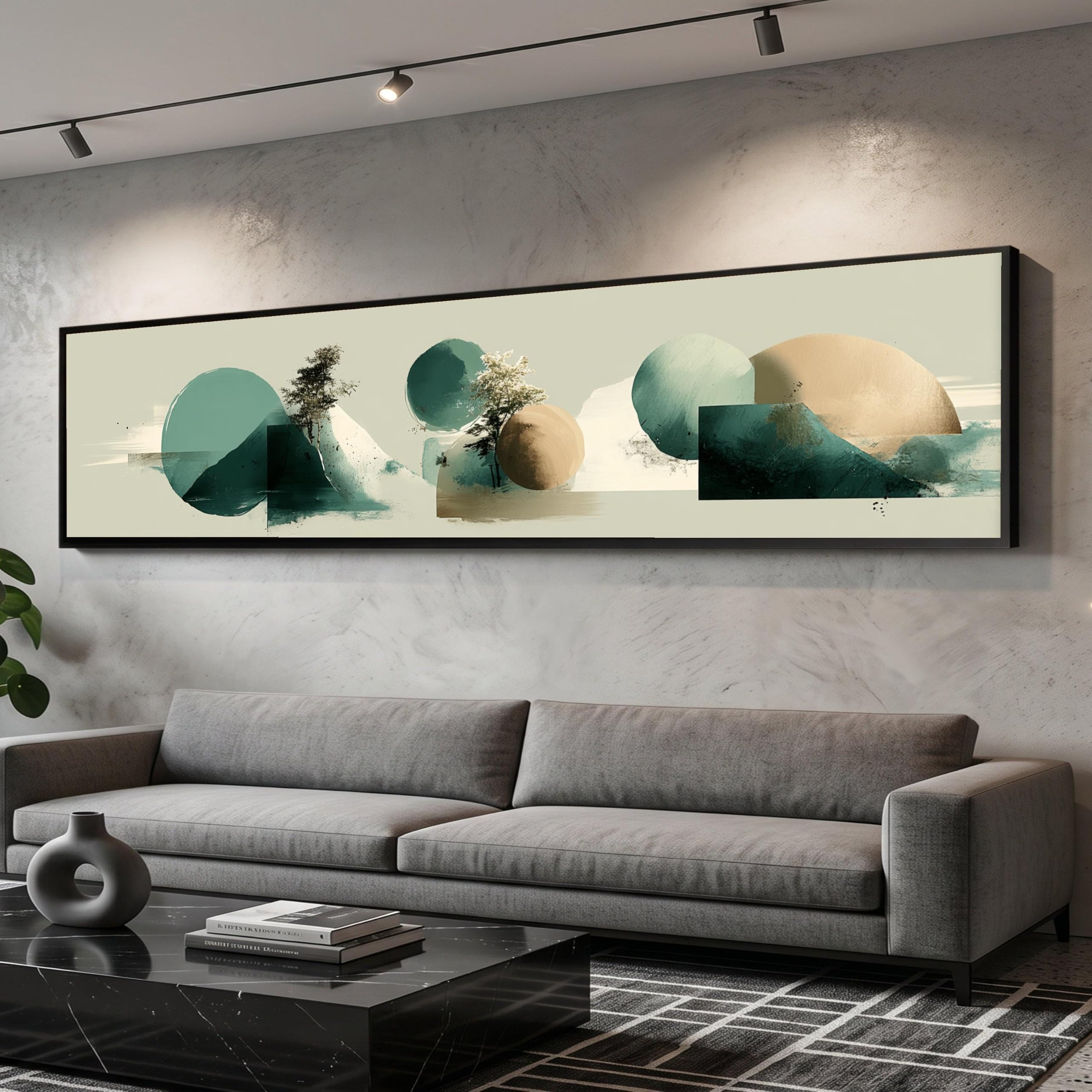 LMYCHENG Landscape Canvas, Abstract Geometric Wall Art, Blue Green and Beige Circles Painting, Minimalist Tree Silhouettes(70x210cm/Internal Frame)