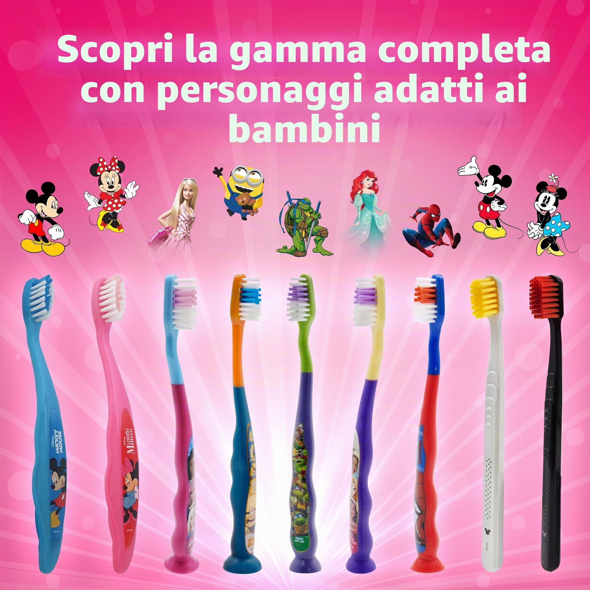 Spazzolino da denti Princess con tappo di protezione, ventosa, manico comodo e setole morbide per bambini