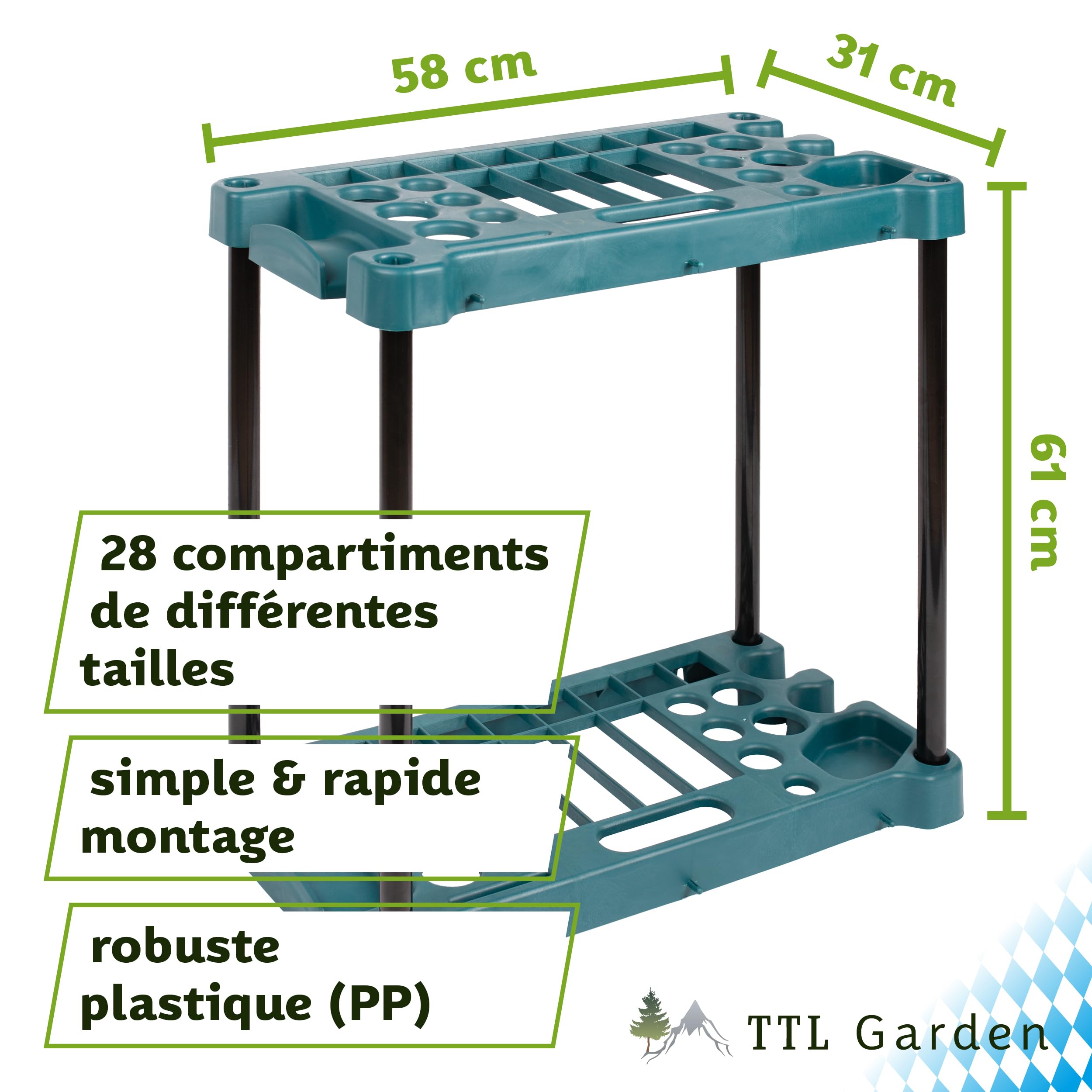 TTL Commerce Garden Support rectangulaire outils de jardin 61x58x31cm 28 compartiments Support et organiseur le rangement balais,bêches,râteaux et outils de jardin,abri de jardin et garage Vert/Noir