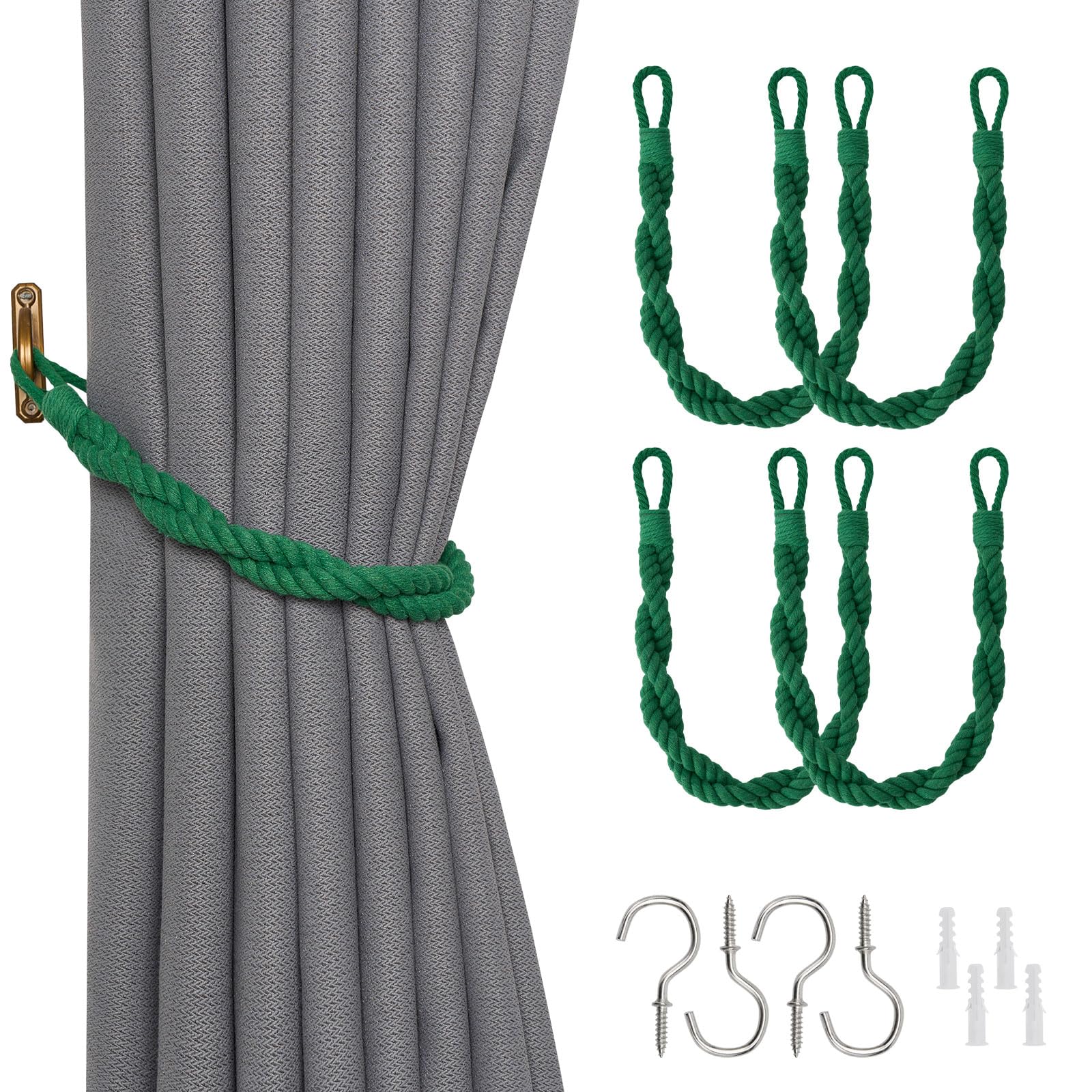 Pretty Jolly 4 Pack Natural Cotton Rope Curtain Tiebacks Elegant Boho Style Decor Drape Tie Backs Soft Hand-Woven Double Rope Curtain Holdbacks with Metal Hook for Home & Office Drapery (Green)
