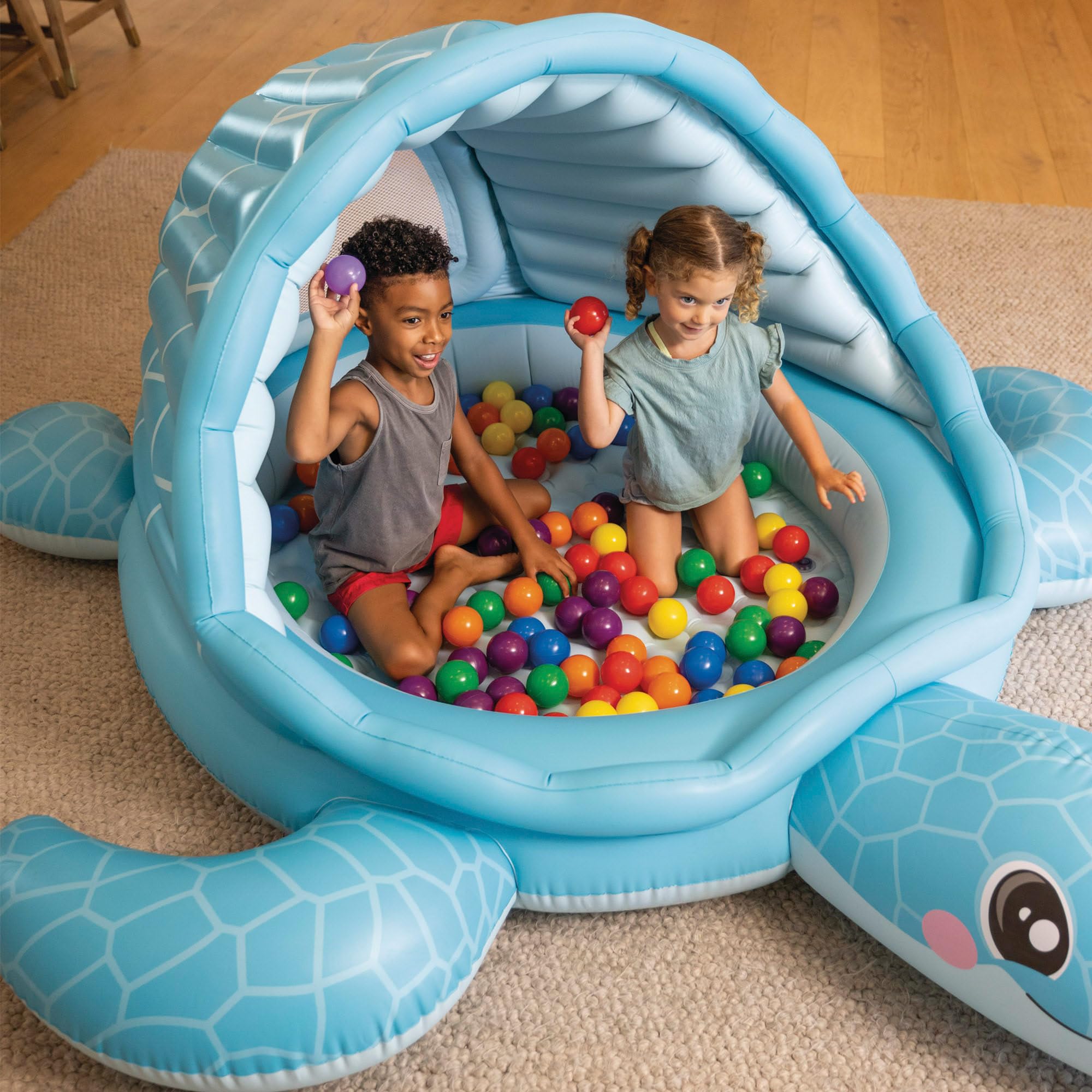 Intex Centre de Jeu Gonflable, Motif Tortue Bleue, 218 x 206 x 97 cm, Capote de Soleil, 100 balles Multicolores, fenêtre Transparente, Patch réparation, piscines pour Enfants (48677)